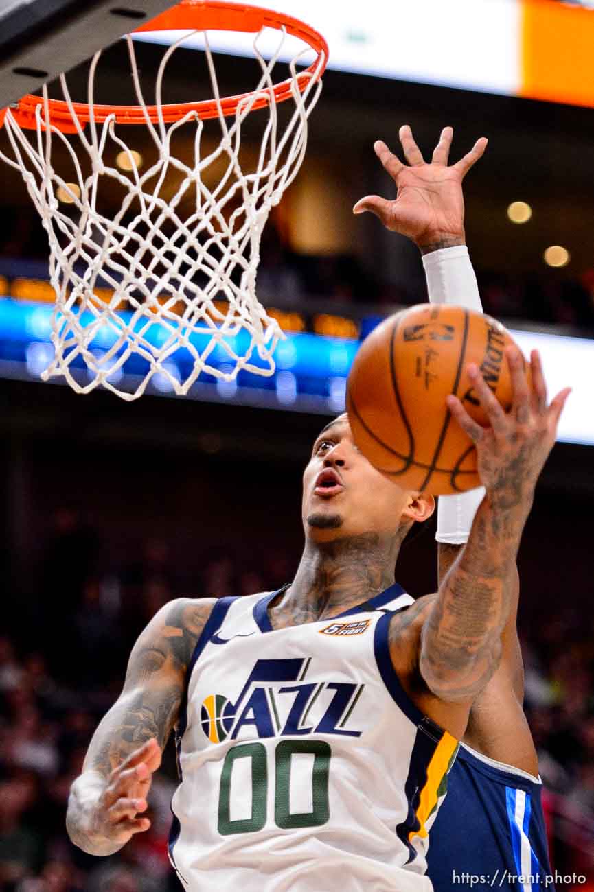 (Trent Nelson  |  The Salt Lake Tribune) Utah Jazz guard Jordan Clarkson (00) as the Utah Jazz host the Dallas Mavericks, NBA basketball in Salt Lake City on Saturday, Jan. 25, 2020.