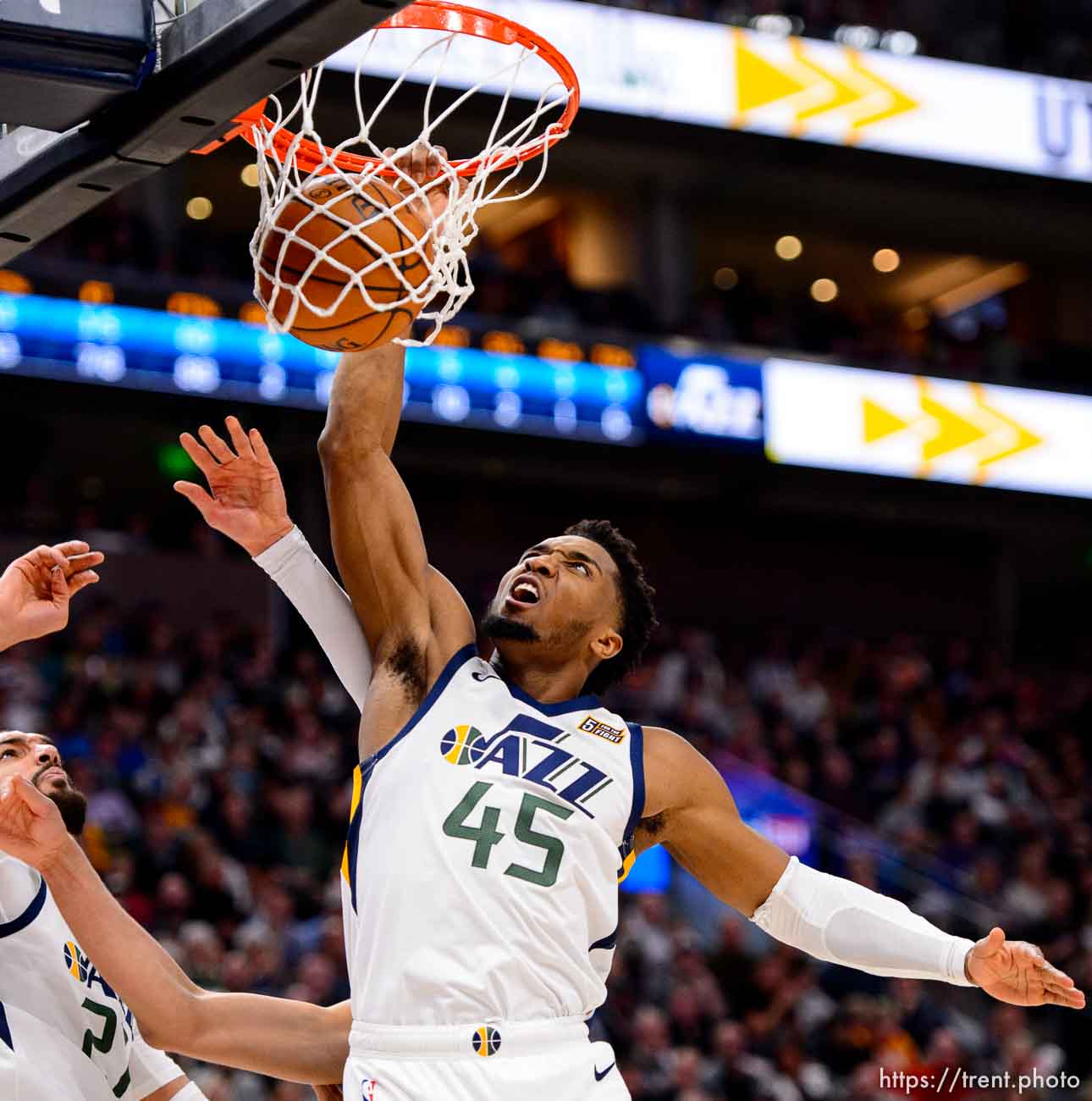 (Trent Nelson  |  The Salt Lake Tribune) Utah Jazz guard Donovan Mitchell (45) dunks as the Utah Jazz host the Dallas Mavericks, NBA basketball in Salt Lake City on Saturday, Jan. 25, 2020.