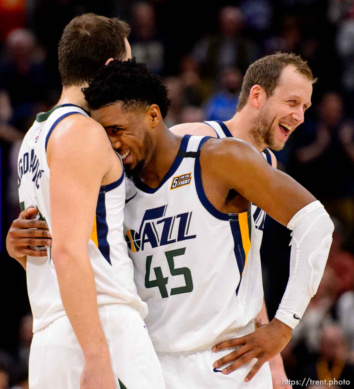 (Trent Nelson  |  The Salt Lake Tribune) Utah Jazz forward Bojan Bogdanovic (44), Utah Jazz guard Donovan Mitchell (45) and Utah Jazz guard Joe Ingles (2) celebrate the win as the Utah Jazz host the Dallas Mavericks, NBA basketball in Salt Lake City on Saturday, Jan. 25, 2020.