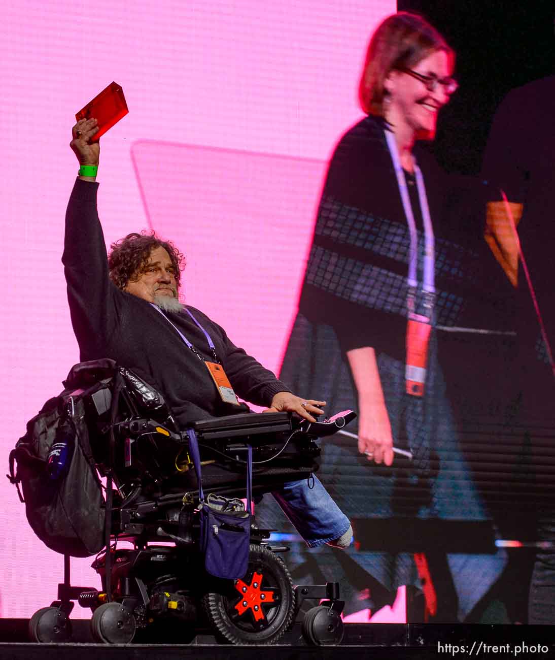 (Trent Nelson  |  The Salt Lake Tribune) Jim Lebrecht and Nicole Newnham receive the U.S. Documentary Audience Award for their film Crip Camp at the Awards Night Ceremony for the Sundance Film Festival in Kimball Junction on Saturday, Feb. 1, 2020.