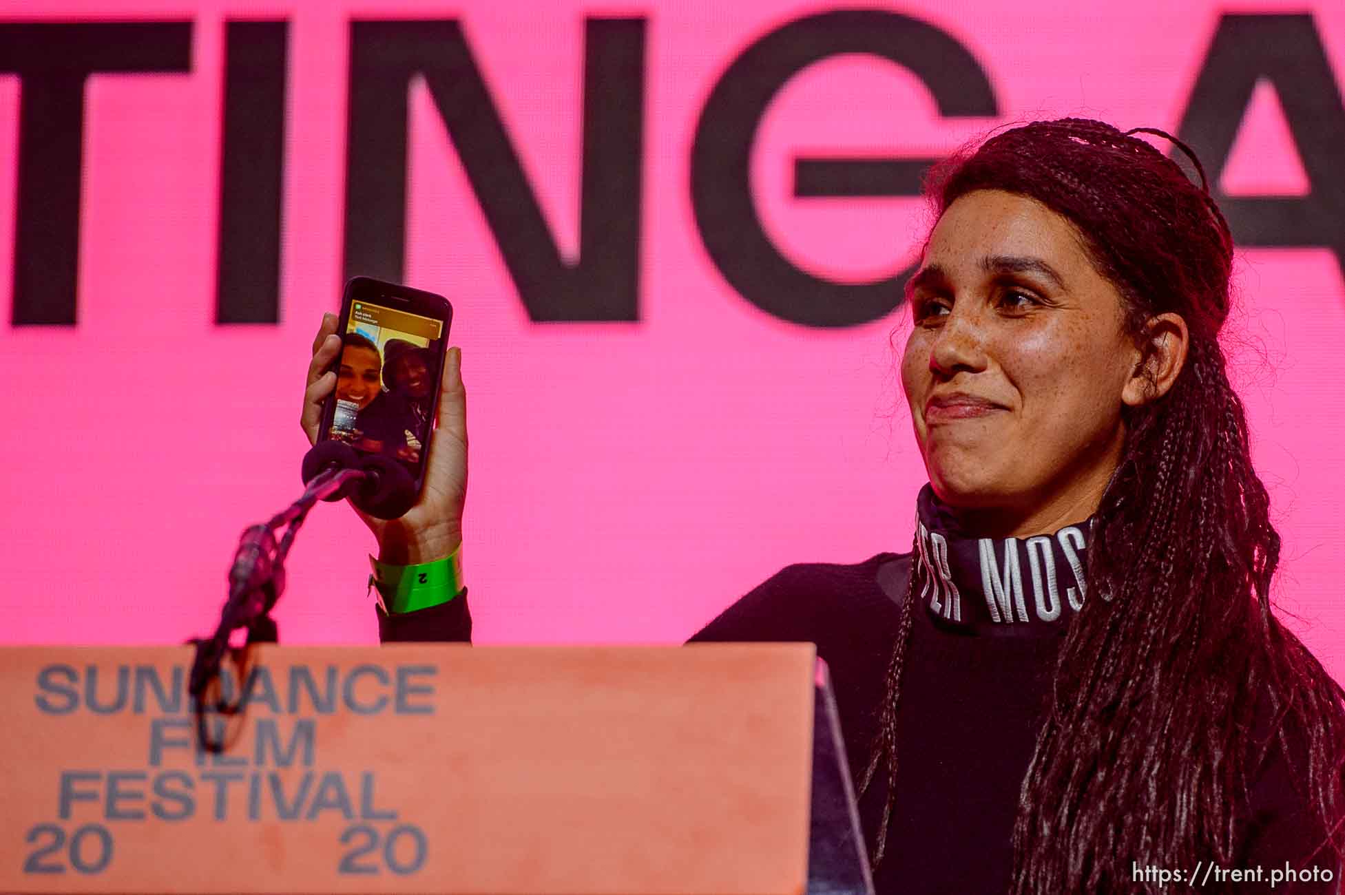 (Trent Nelson  |  The Salt Lake Tribune) Garrett Bradley makes a video call while receiving the U.S. Documentary Directing Award for her film Time at the Awards Night Ceremony for the Sundance Film Festival in Kimball Junction on Saturday, Feb. 1, 2020.