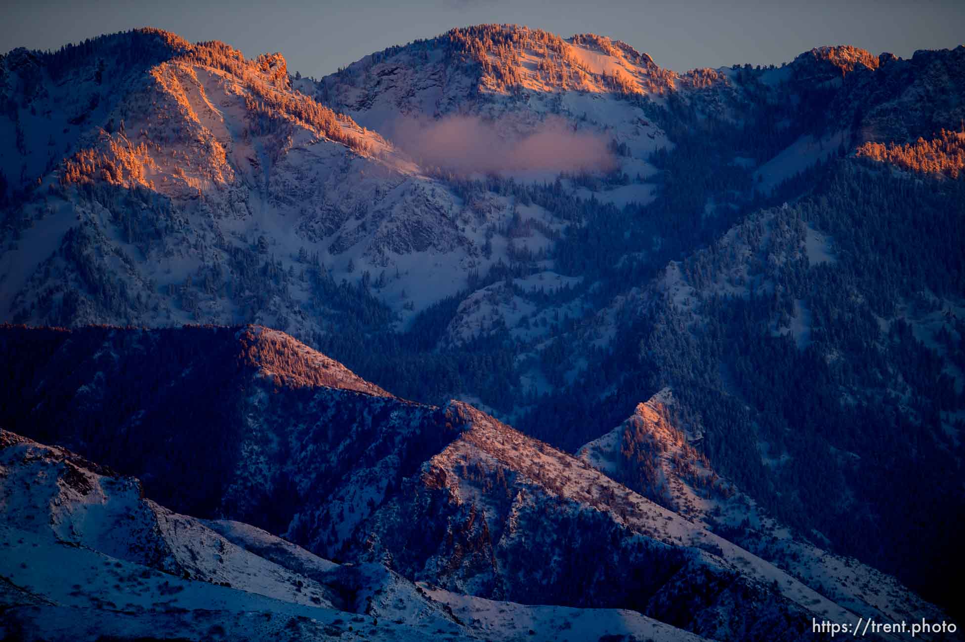 sunset on mountains on Tuesday, Feb. 4, 2020.