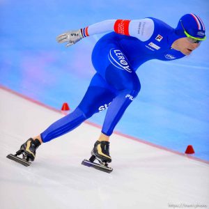 (Trent Nelson  |  The Salt Lake Tribune) Sverre Lunde Pedersen (Norway) in the Men 5000m at the ISU World Single Distances Speed Skating Championships at the Utah Olympic Oval in Kearns on Thursday, Feb. 13, 2020.