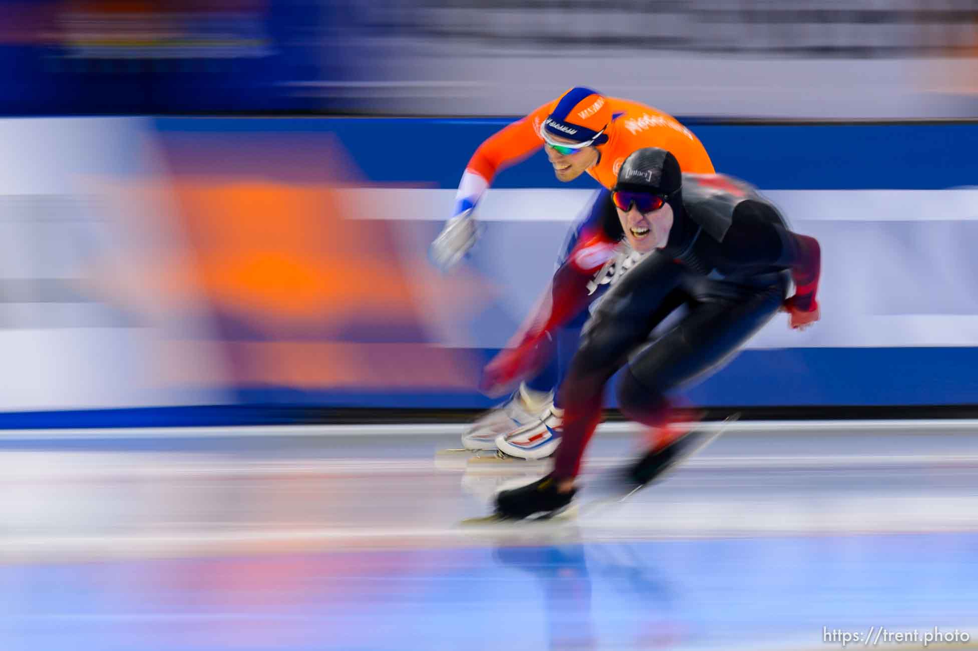 (Trent Nelson  |  The Salt Lake Tribune) Patrick Roest (Netherlands) and Graeme Fish (Canada) in the Men 5000m at the ISU World Single Distances Speed Skating Championships at the Utah Olympic Oval in Kearns on Thursday, Feb. 13, 2020.