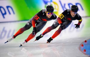 (Trent Nelson  |  The Salt Lake Tribune) Canada competes in Men Team Sprint at the ISU World Single Distances Speed Skating Championships at the Utah Olympic Oval in Kearns on Thursday, Feb. 13, 2020. From left, Laurent Dubreuil, Antoine Gelinas-Beaulieu.