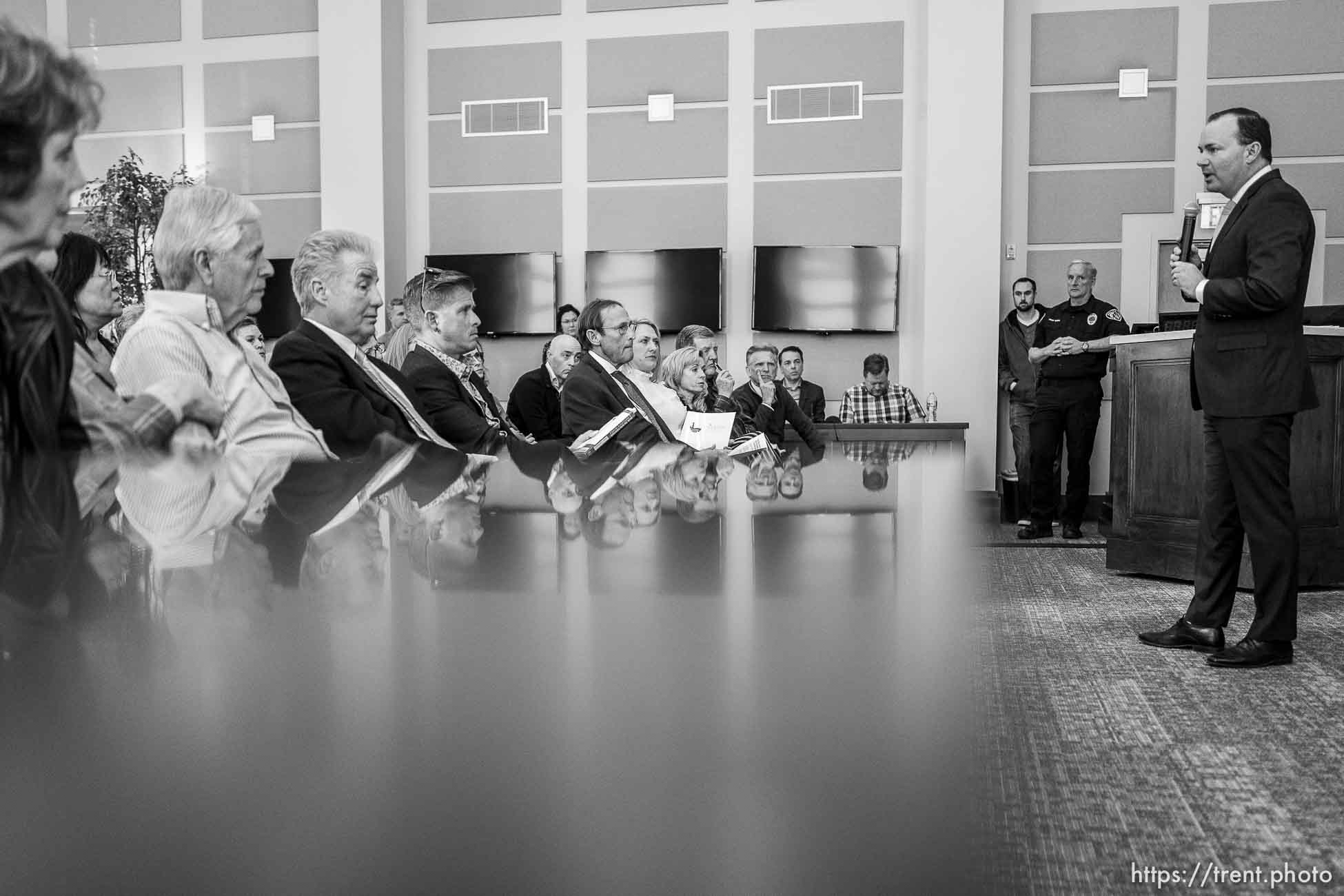 (Trent Nelson  |  The Salt Lake Tribune) Sen. Mike Lee answers questions at a town hall in Draper on Wednesday, Feb. 19, 2020.