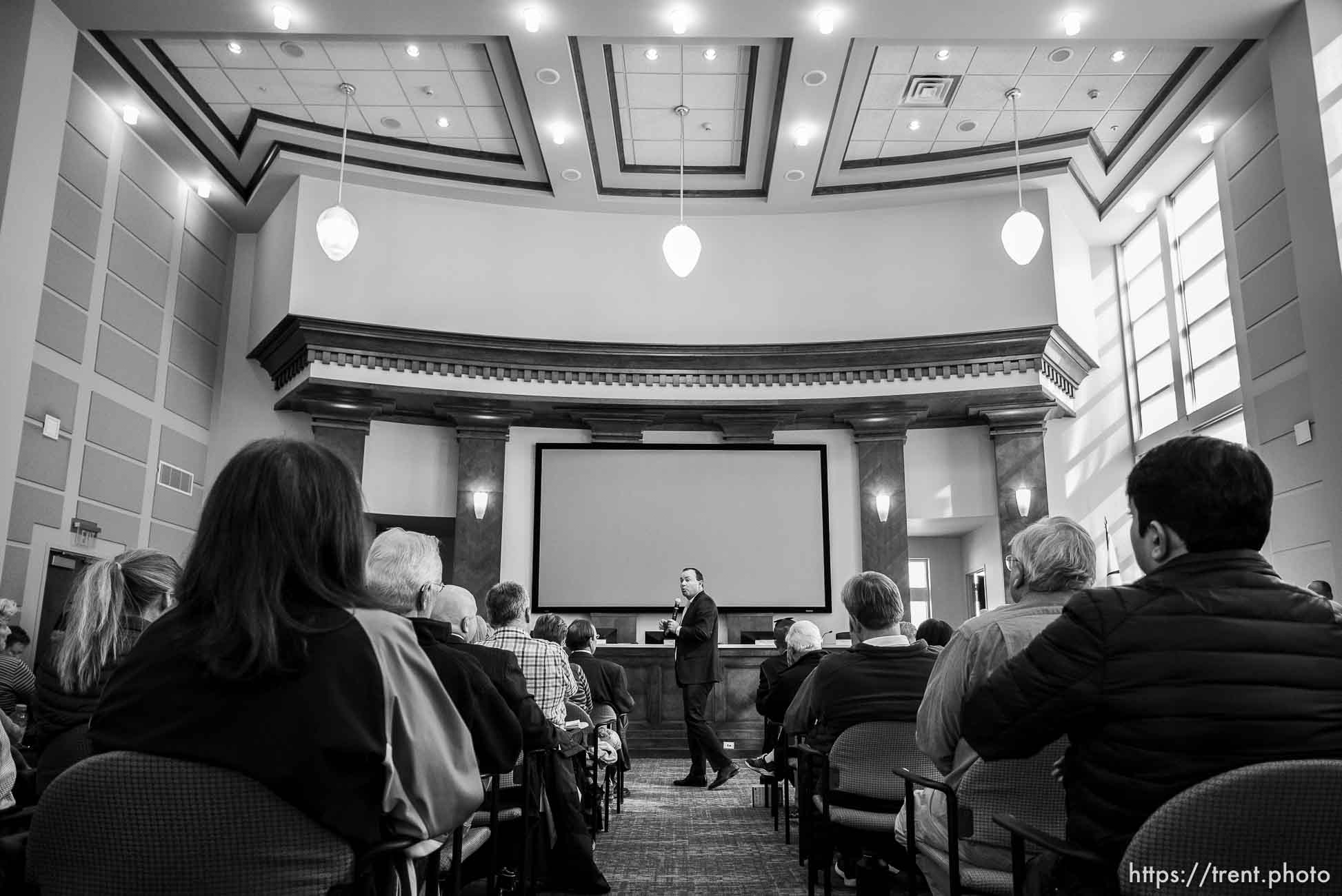 (Trent Nelson  |  The Salt Lake Tribune) Sen. Mike Lee answers questions at a town hall in Draper on Wednesday, Feb. 19, 2020.