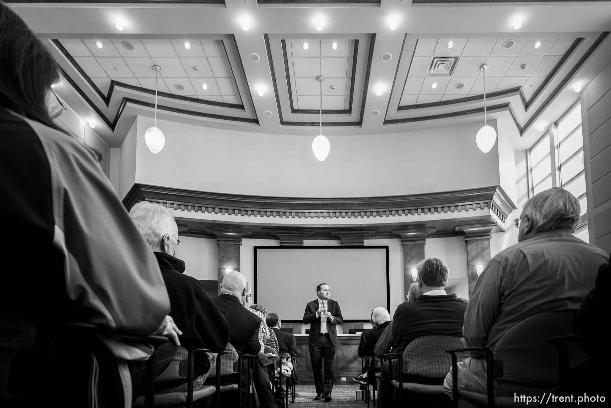 (Trent Nelson  |  The Salt Lake Tribune) Sen. Mike Lee answers questions at a town hall in Draper on Wednesday, Feb. 19, 2020.