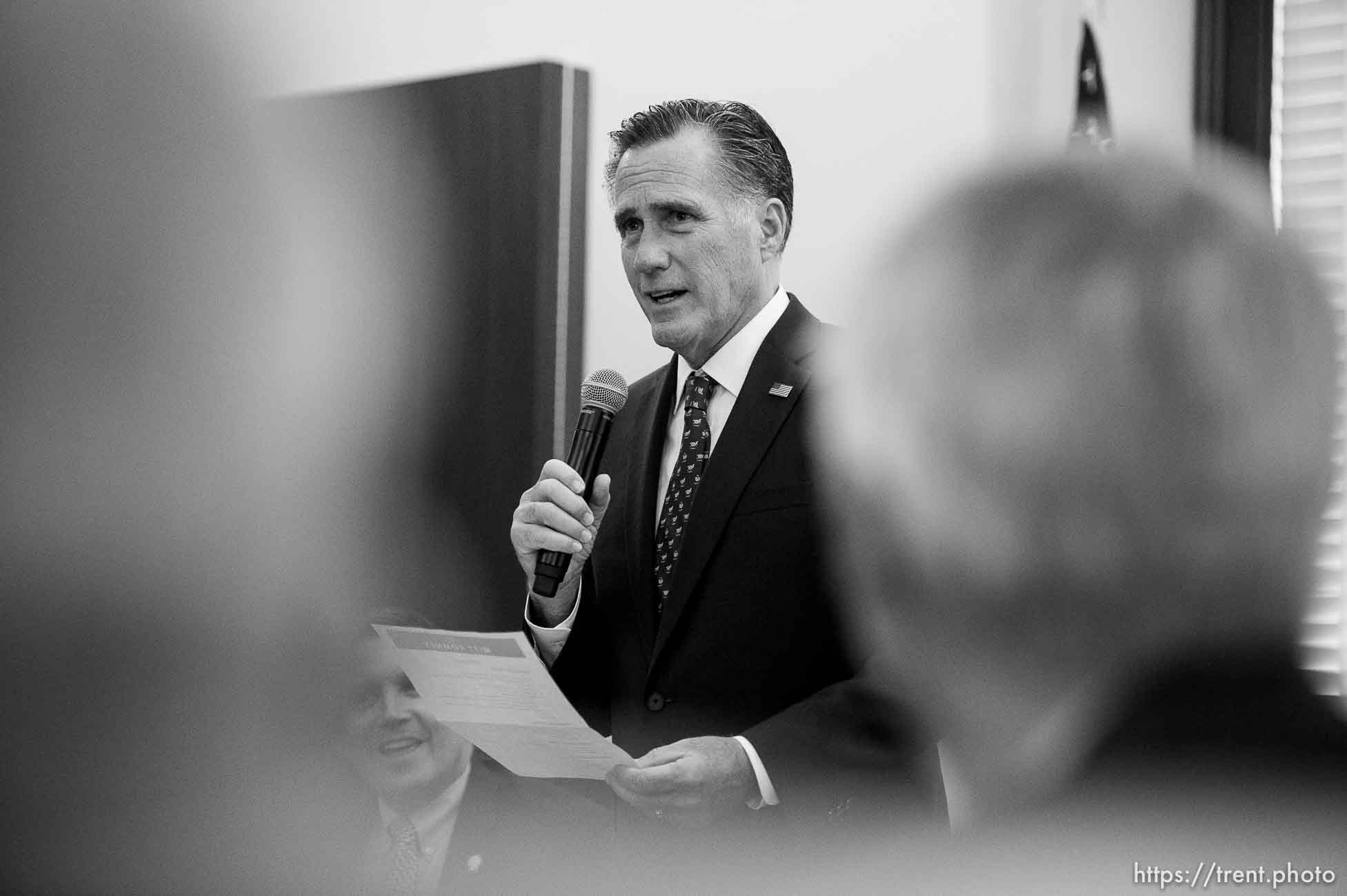 (Trent Nelson  |  The Salt Lake Tribune) Sen. Mitt Romney speaks to Republican representatives at the state Capitol in Salt Lake City on Friday, Feb. 28, 2020.