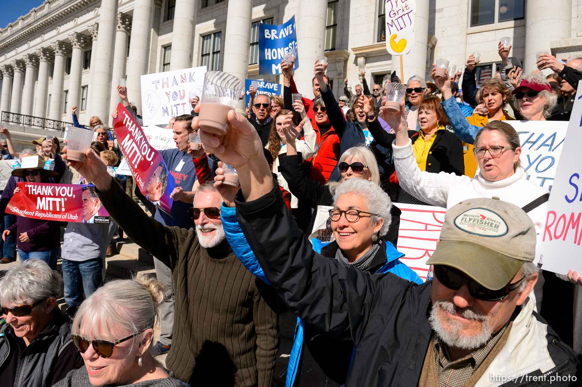 (Trent Nelson  |  The Salt Lake Tribune) A rally and chocolate milk toast to Sen. Mitt Romney at the state Capitol in Salt Lake City on Friday, Feb. 28, 2020. Mormon Women for Ethical Government and other  groups organized the rally.