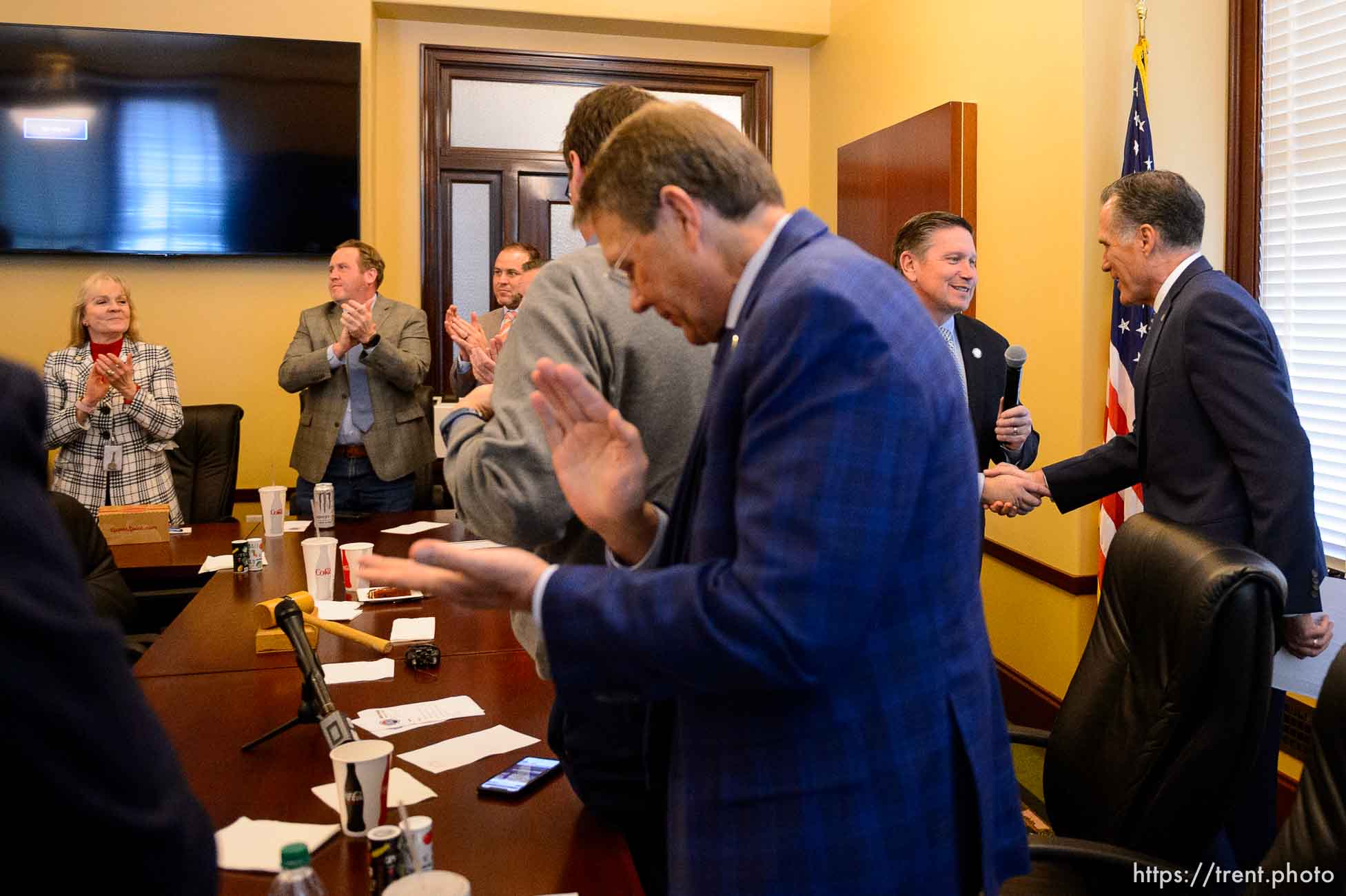 (Trent Nelson  |  The Salt Lake Tribune) Sen. Mitt Romney speaks to Republican representatives at the state Capitol in Salt Lake City on Friday, Feb. 28, 2020. Welcoming him to the room is Rep. Val Peterson, R-Orem.