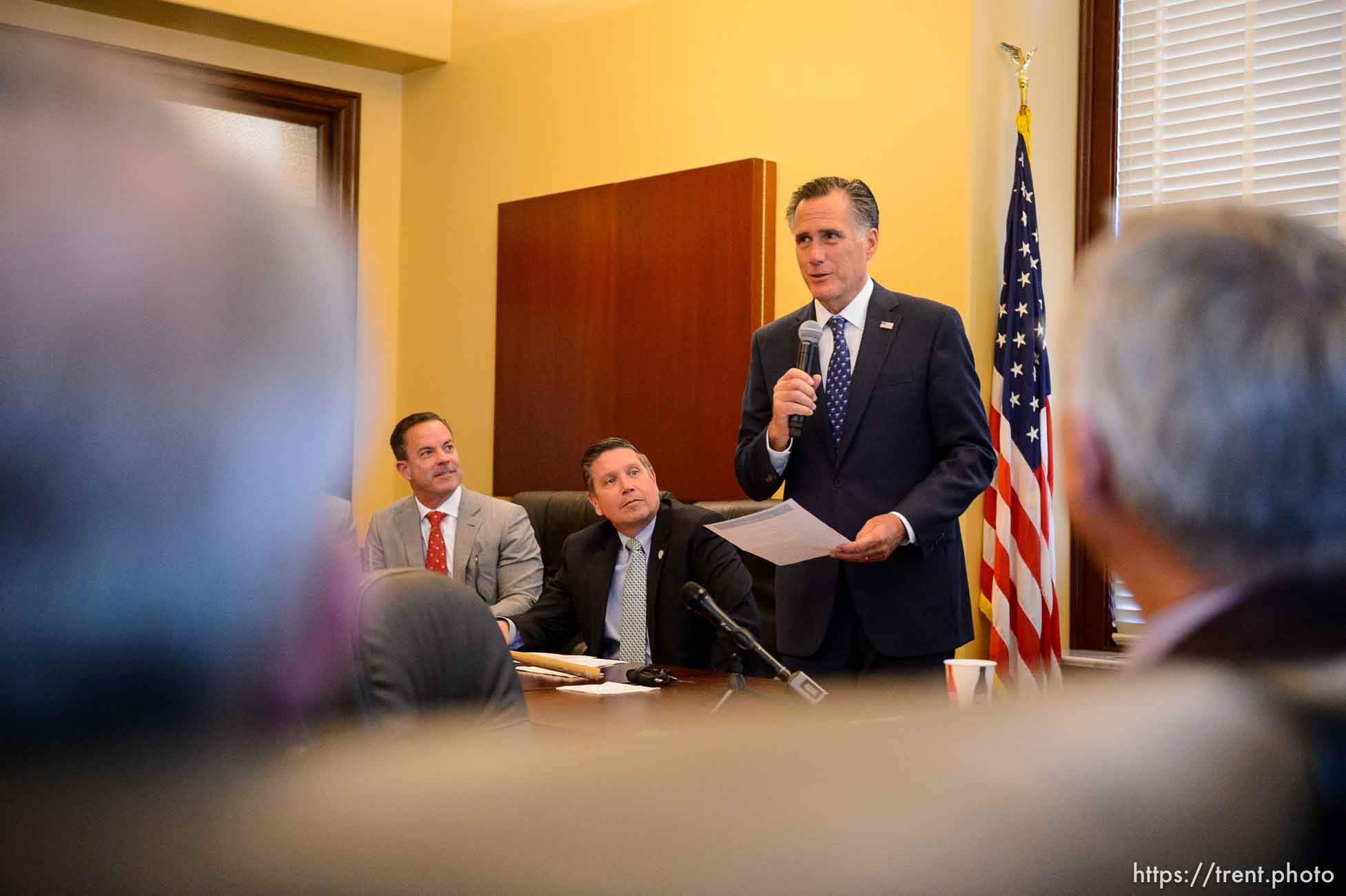 (Trent Nelson  |  The Salt Lake Tribune) Sen. Mitt Romney speaks to Republican representatives at the state Capitol in Salt Lake City on Friday, Feb. 28, 2020.