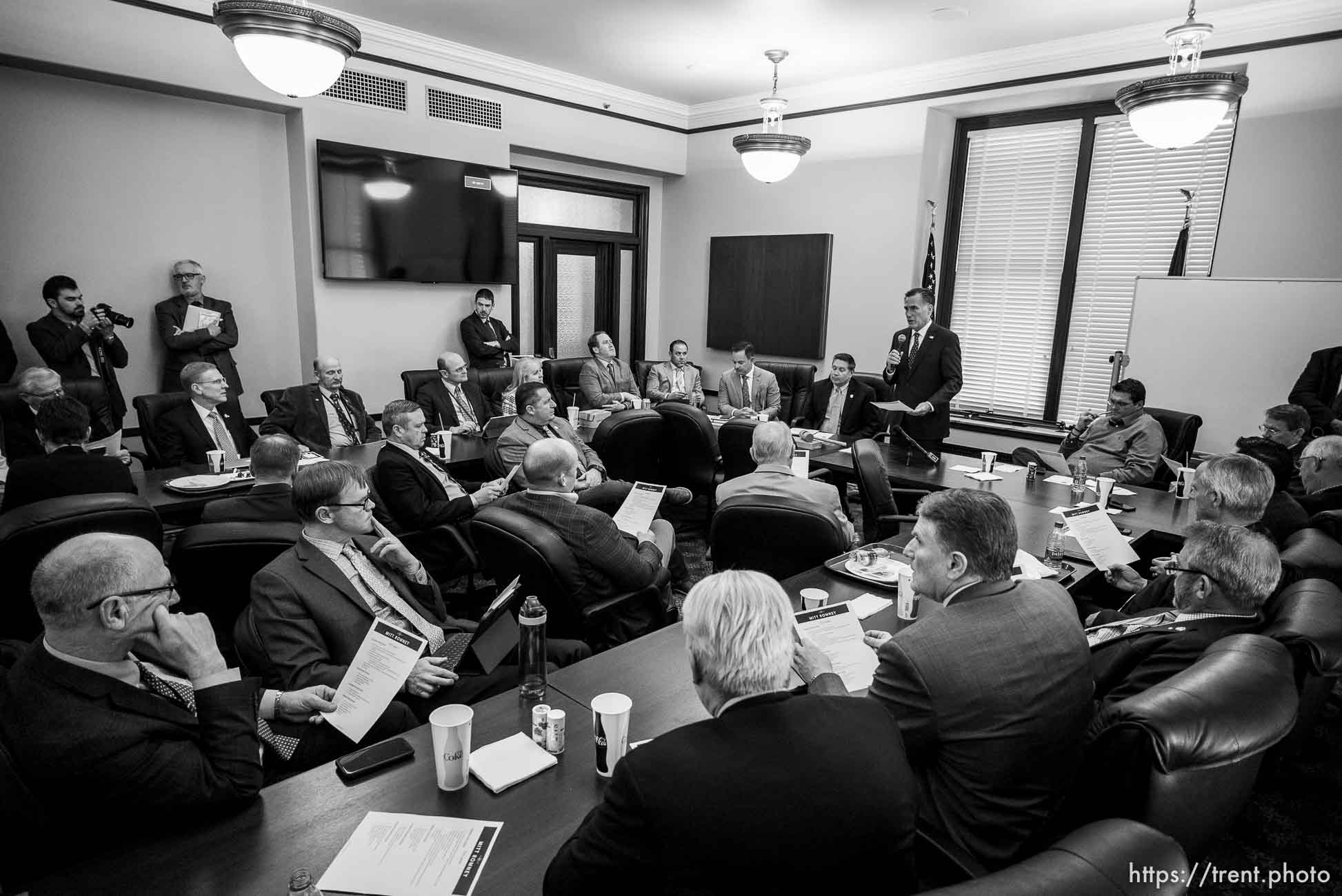 (Trent Nelson  |  The Salt Lake Tribune) Sen. Mitt Romney speaks to Republican representatives at the state Capitol in Salt Lake City on Friday, Feb. 28, 2020.