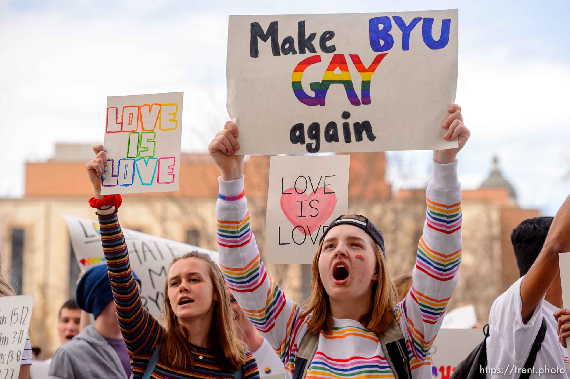 (Trent Nelson  |  The Salt Lake Tribune) Demonstrators at a rally about BYU's changing position on “romantic behavior” by same-sex couples gather in front of the headquarters of The Church of Jesus Christ of Latter-day Saints in Salt Lake City on Friday, March 6, 2020.