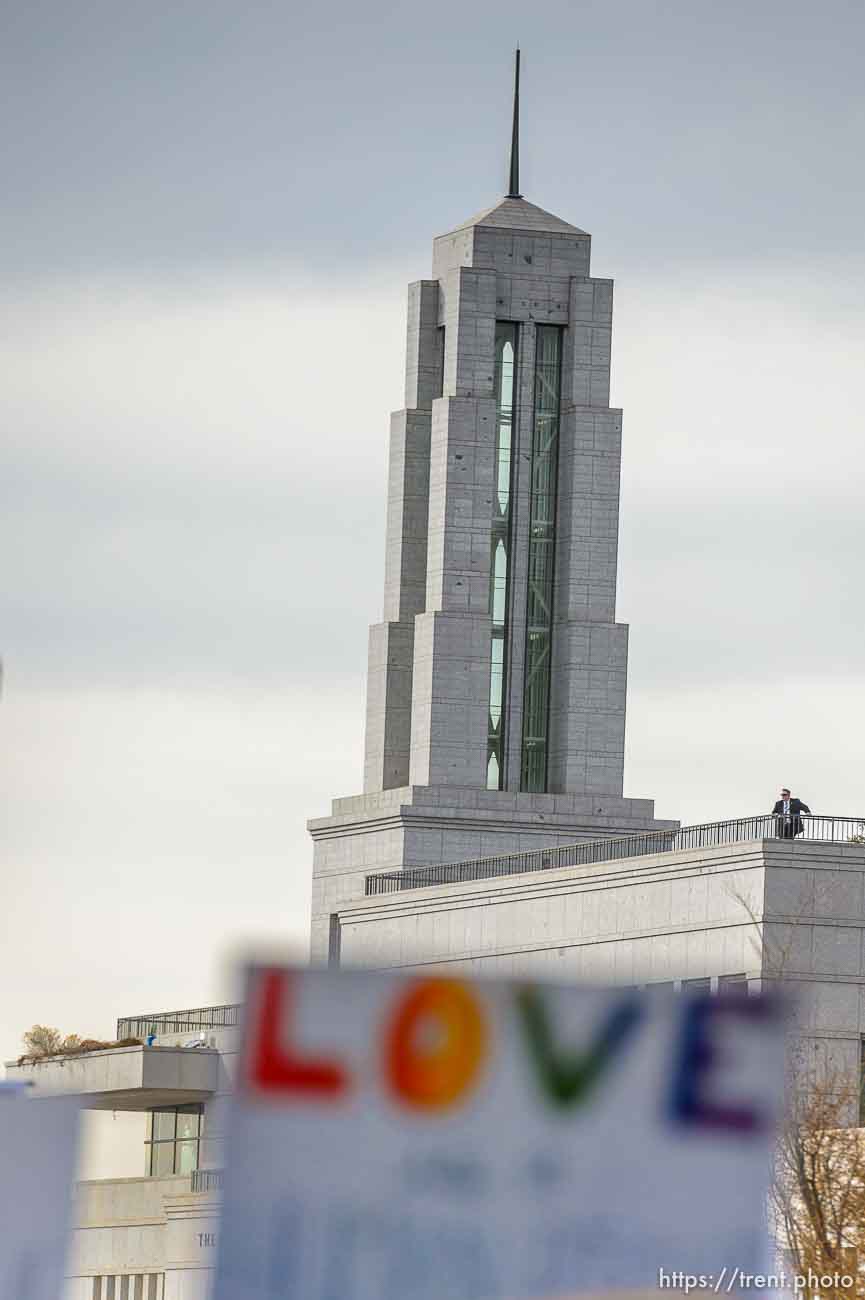 (Trent Nelson  |  The Salt Lake Tribune) Demonstrators at a rally about BYU's changing position on “romantic behavior” by same-sex couples gather in front of the headquarters of The Church of Jesus Christ of Latter-day Saints in Salt Lake City on Friday, March 6, 2020.