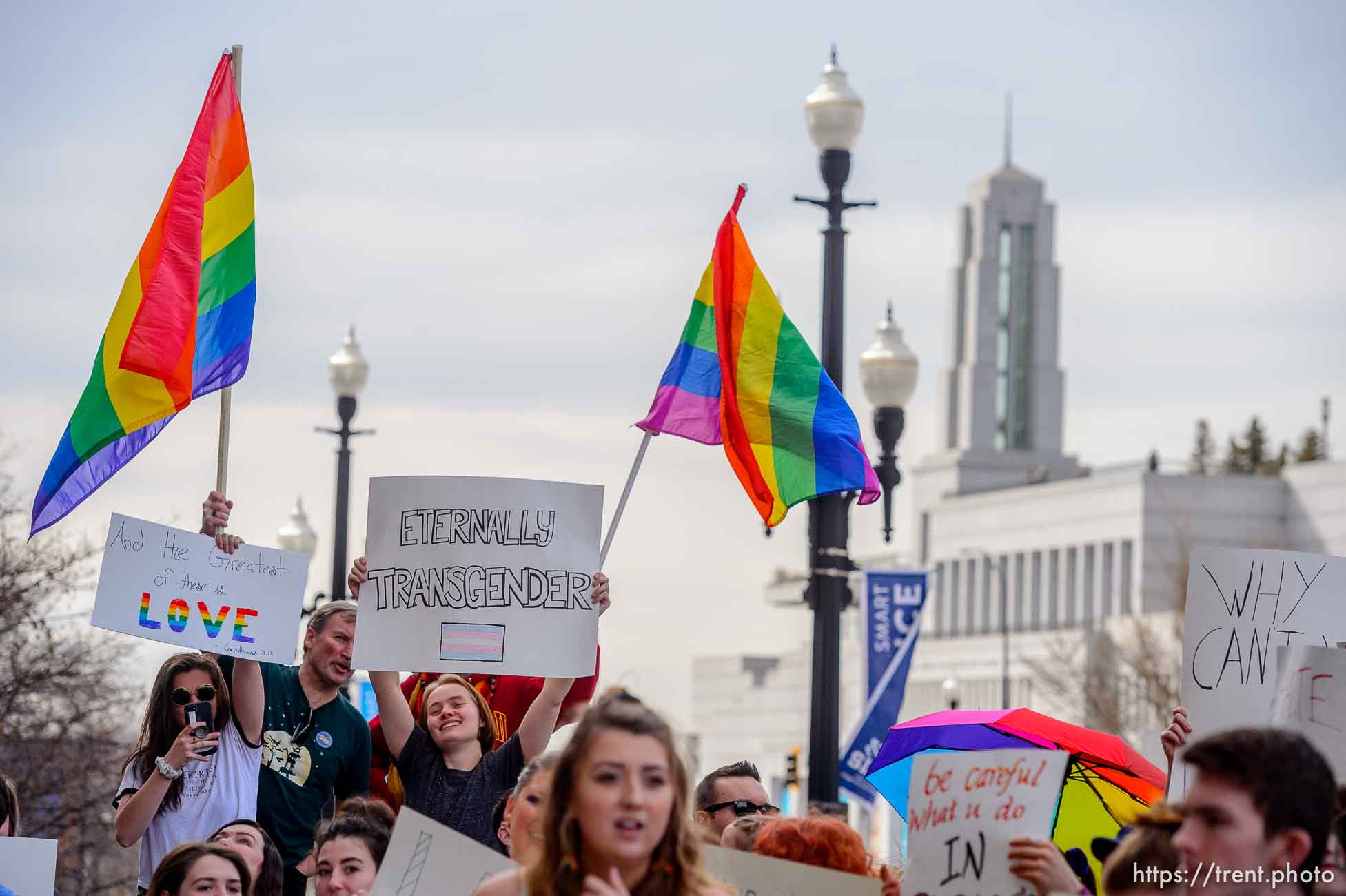 (Trent Nelson  |  The Salt Lake Tribune) Demonstrators at a rally about BYU's changing position on “romantic behavior” by same-sex couples gather in front of the headquarters of The Church of Jesus Christ of Latter-day Saints in Salt Lake City on Friday, March 6, 2020.