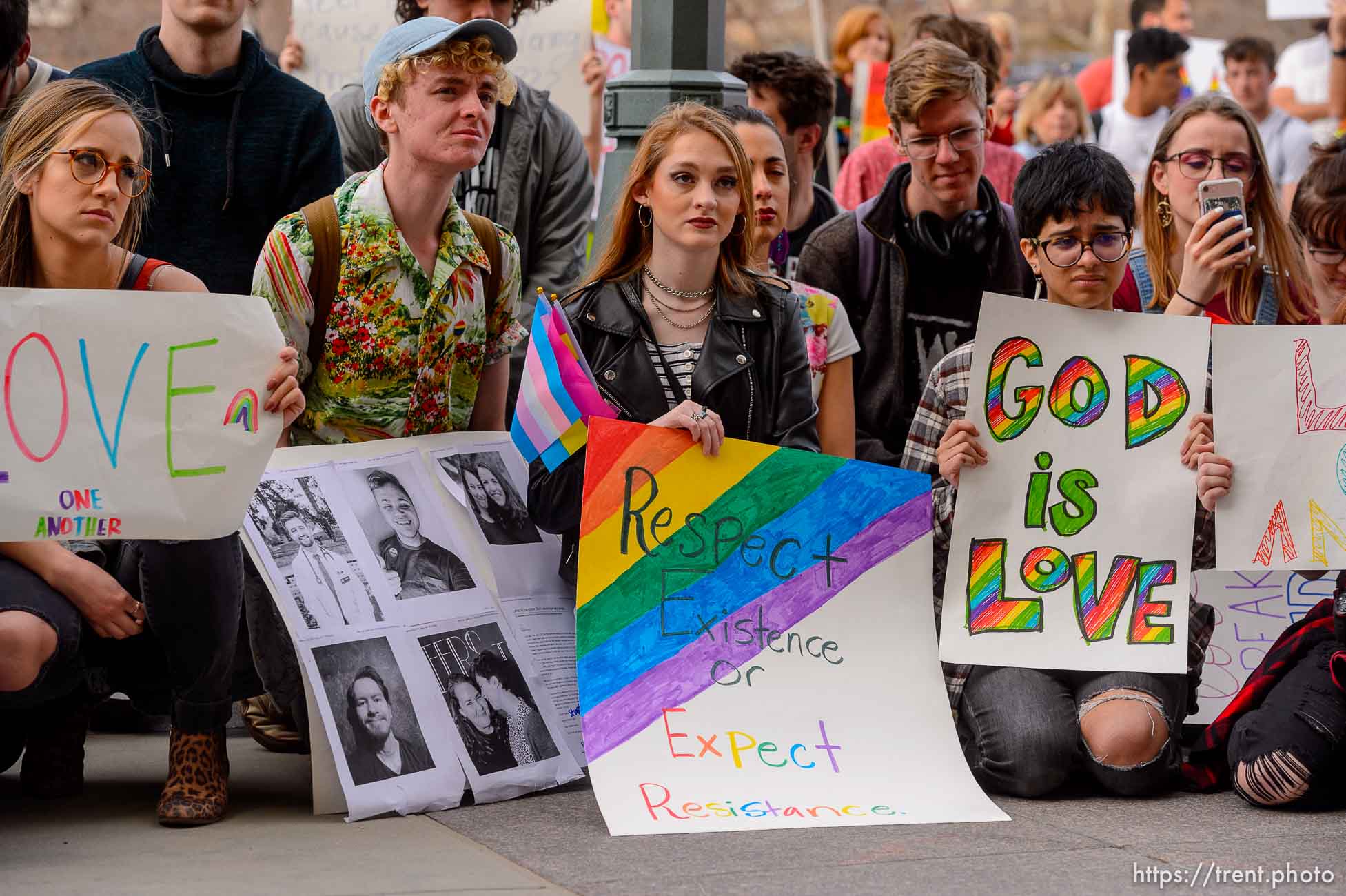 (Trent Nelson  |  The Salt Lake Tribune) Demonstrators at a rally about BYU's changing position on “romantic behavior” by same-sex couples gather in front of the headquarters of The Church of Jesus Christ of Latter-day Saints in Salt Lake City on Friday, March 6, 2020.