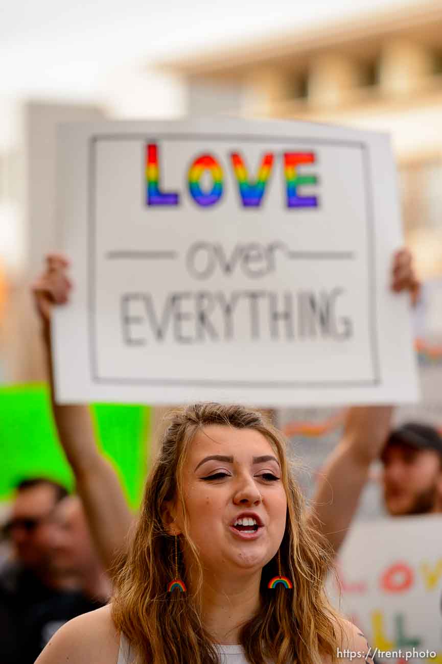 (Trent Nelson  |  The Salt Lake Tribune) Demonstrators at a rally about BYU's changing position on “romantic behavior” by same-sex couples gather in front of the headquarters of The Church of Jesus Christ of Latter-day Saints in Salt Lake City on Friday, March 6, 2020.