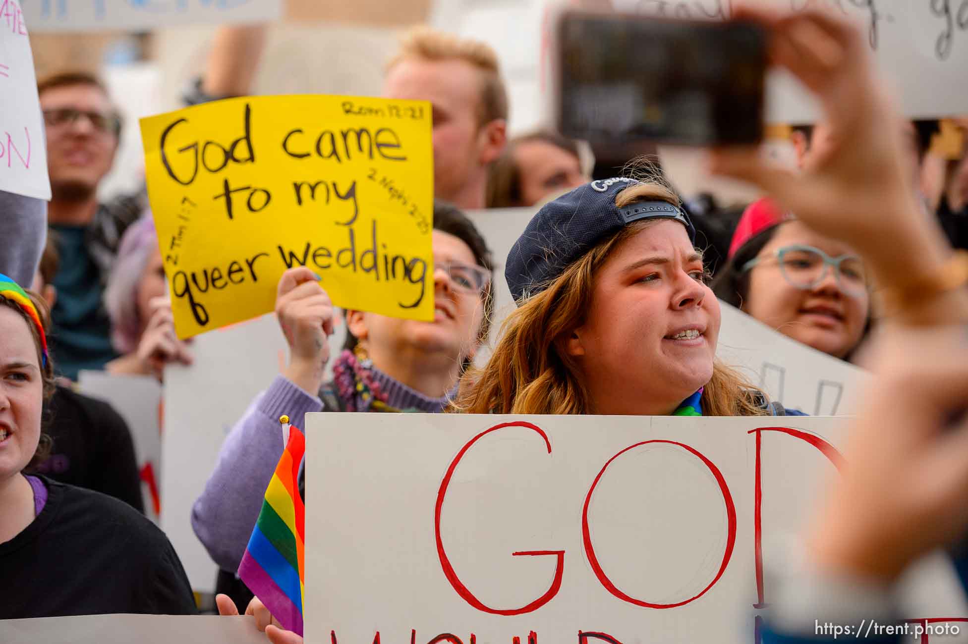 (Trent Nelson  |  The Salt Lake Tribune) Demonstrators at a rally about BYU's changing position on “romantic behavior” by same-sex couples gather in front of the headquarters of The Church of Jesus Christ of Latter-day Saints in Salt Lake City on Friday, March 6, 2020.