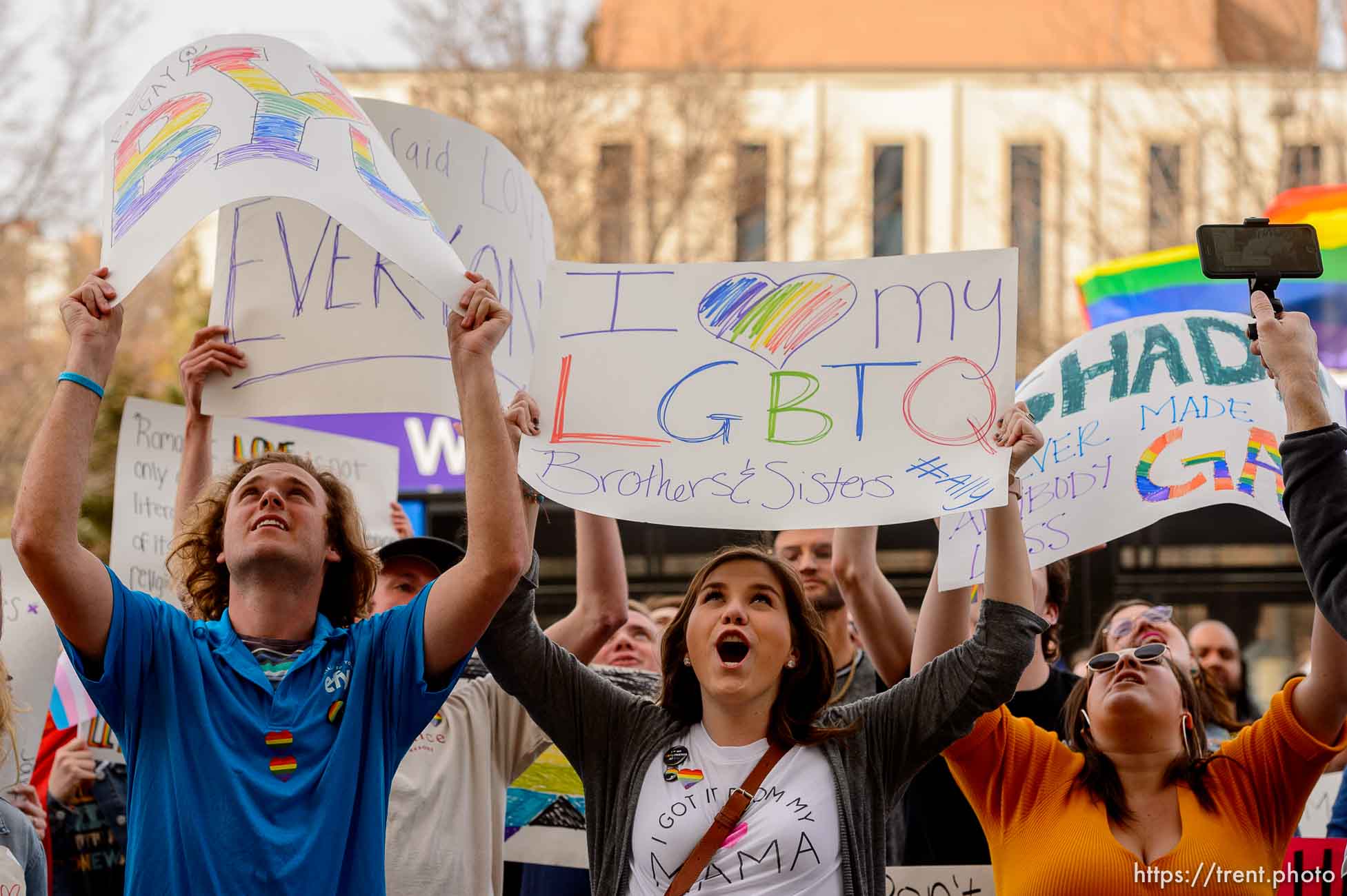 (Trent Nelson  |  The Salt Lake Tribune) Demonstrators at a rally about BYU's changing position on “romantic behavior” by same-sex couples gather in front of the headquarters of The Church of Jesus Christ of Latter-day Saints in Salt Lake City on Friday, March 6, 2020.