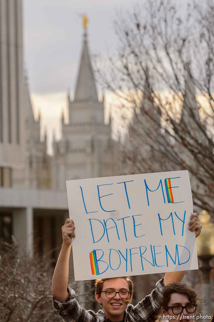 (Trent Nelson  |  The Salt Lake Tribune) Demonstrators at a rally about BYU's changing position on “romantic behavior” by same-sex couples march around the headquarters of The Church of Jesus Christ of Latter-day Saints in Salt Lake City on Friday, March 6, 2020.