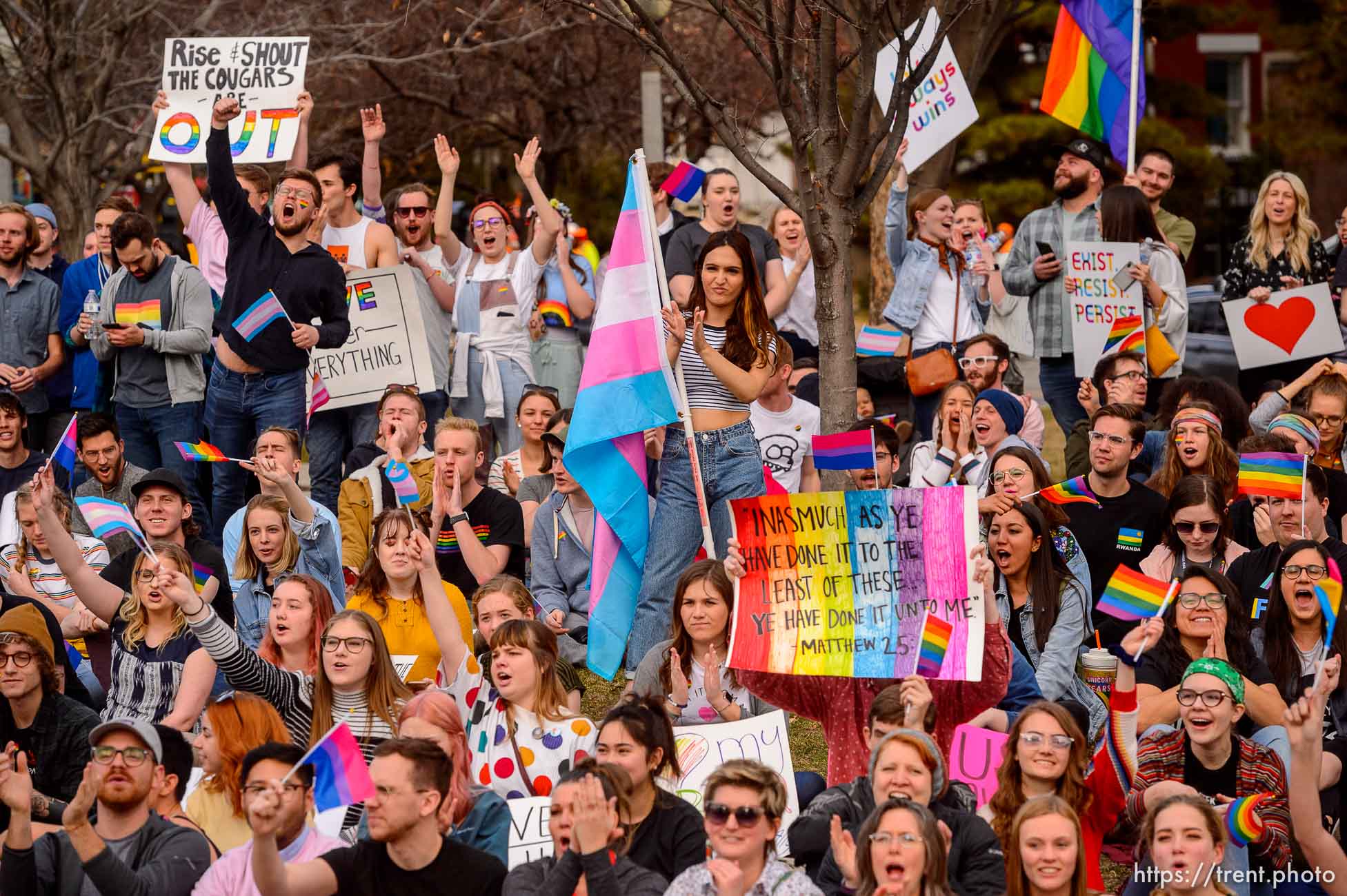 (Trent Nelson  |  The Salt Lake Tribune) Demonstrators at a rally about BYU's changing position on “romantic behavior” by same-sex couples gather in City Creek Park in Salt Lake City on Friday, March 6, 2020.