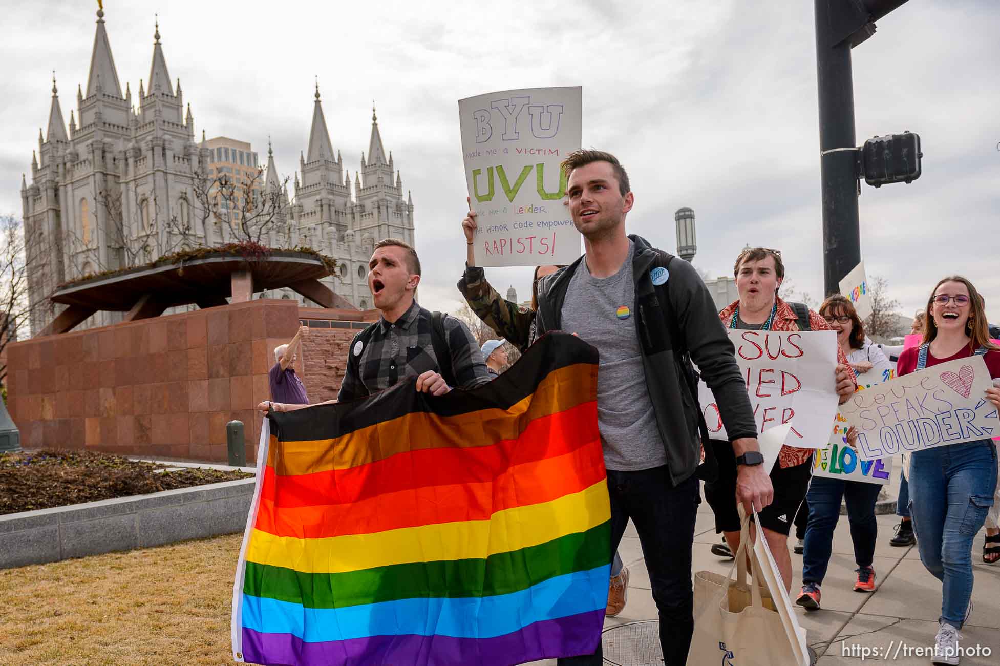 (Trent Nelson  |  The Salt Lake Tribune) A demonstration about BYU's changing position on “romantic behavior” by same-sex couples, in Salt Lake City on Friday, March 6, 2020.