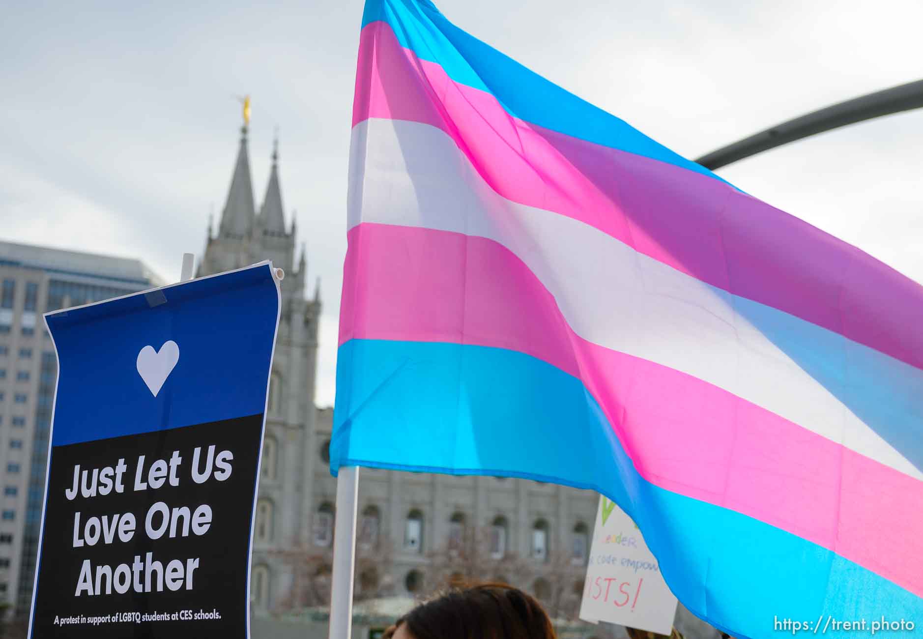 (Trent Nelson  |  The Salt Lake Tribune) Demonstrators at a rally about BYU's changing position on “romantic behavior” by same-sex couples gather in front of the headquarters of The Church of Jesus Christ of Latter-day Saints in Salt Lake City on Friday, March 6, 2020.