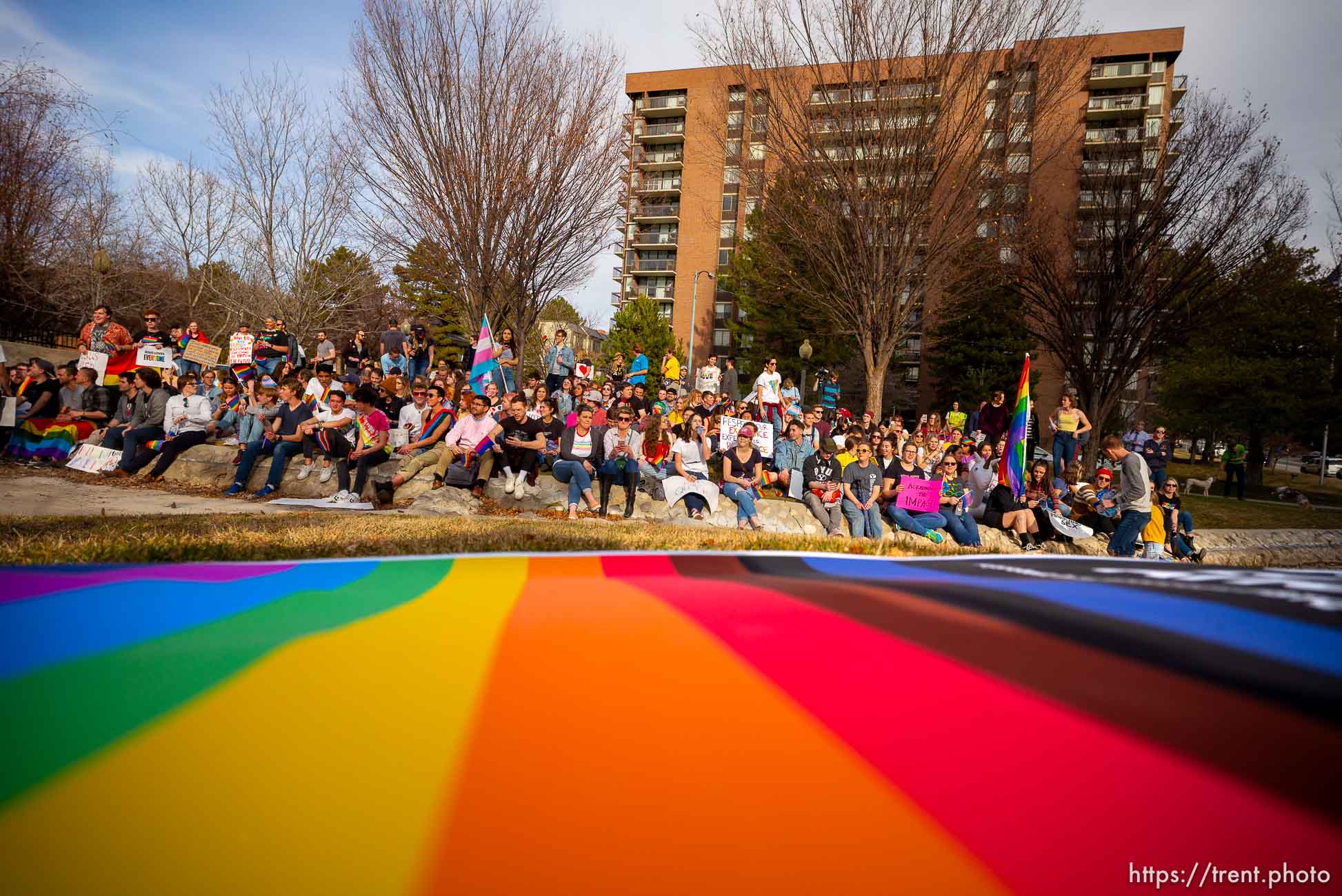 (Trent Nelson  |  The Salt Lake Tribune) Demonstrators at a rally about BYU's changing position on “romantic behavior” by same-sex couples gather in City Creek Park in Salt Lake City on Friday, March 6, 2020.