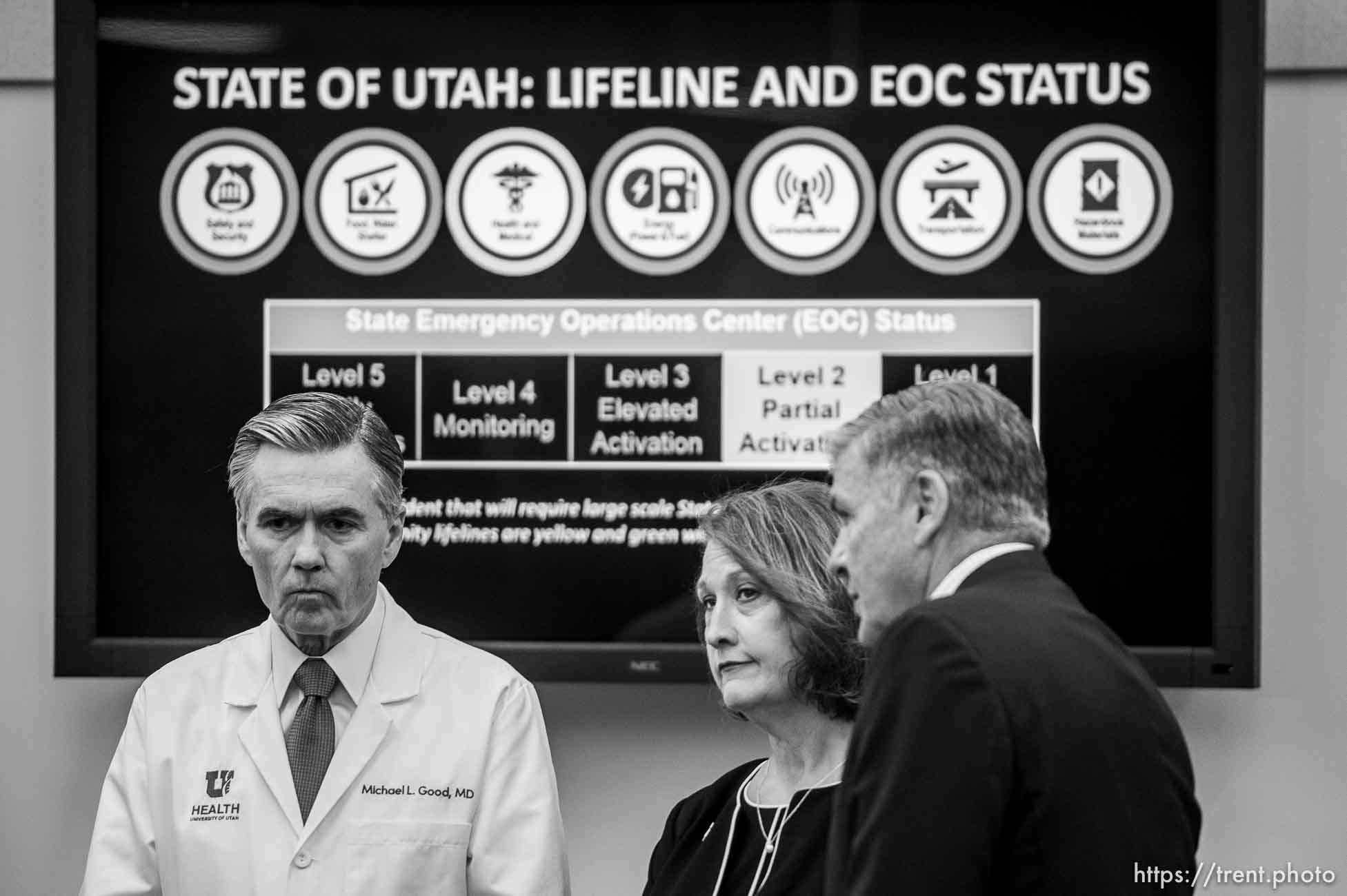 (Trent Nelson  |  The Salt Lake Tribune) Michael Good, Ruth Watkins, and David Woolstenhulme at a news conference in the state's Emergency Operations Center  on Thursday, March 12, 2020 addressing the current state of COVID-19 in Utah. Representatives from the Utah System of Higher Education, the Utah Board of Education, Utah Jazz, local health authorities and Utah Department of Health were also present.