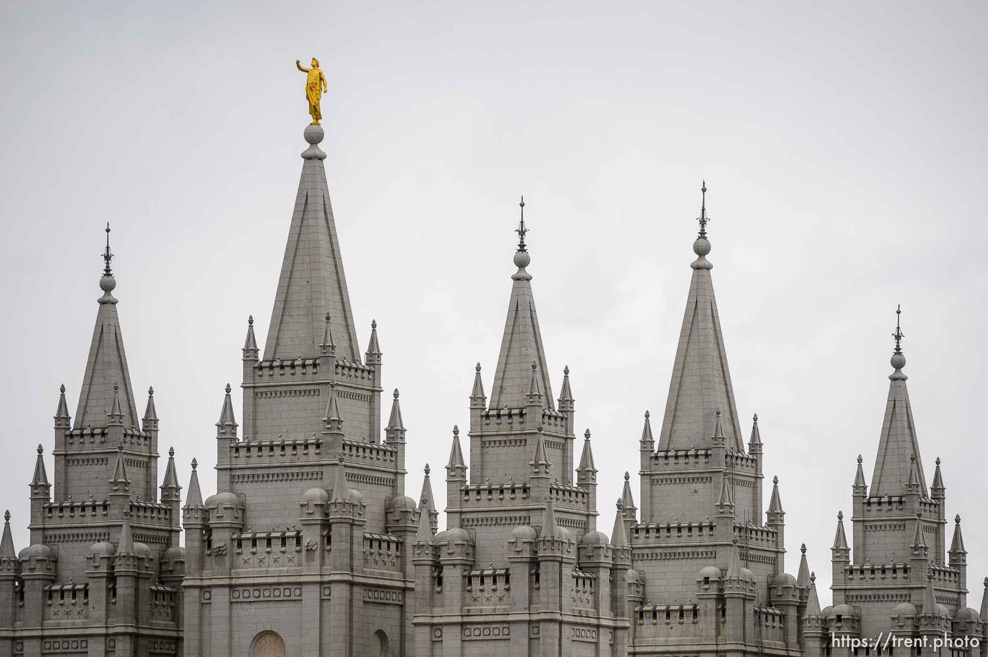 (Trent Nelson  |  The Salt Lake Tribune) The statue of Moroni atop the Salt Lake temple, damaged in an earthquake in Salt Lake City on Wednesday, March 18, 2020.