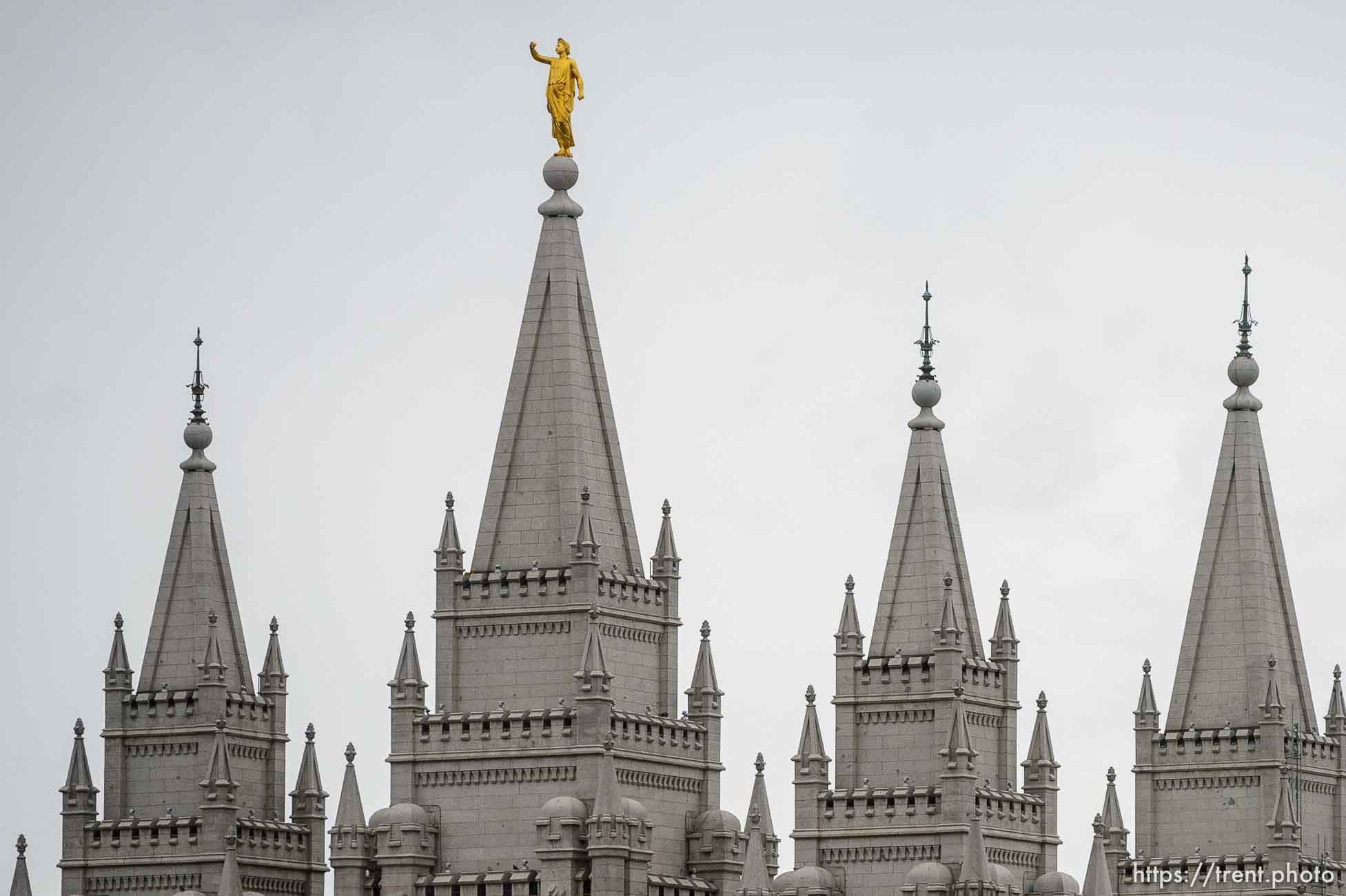 (Trent Nelson  |  The Salt Lake Tribune) The statue of Moroni atop the Salt Lake temple, damaged in an earthquake in Salt Lake City on Wednesday, March 18, 2020.