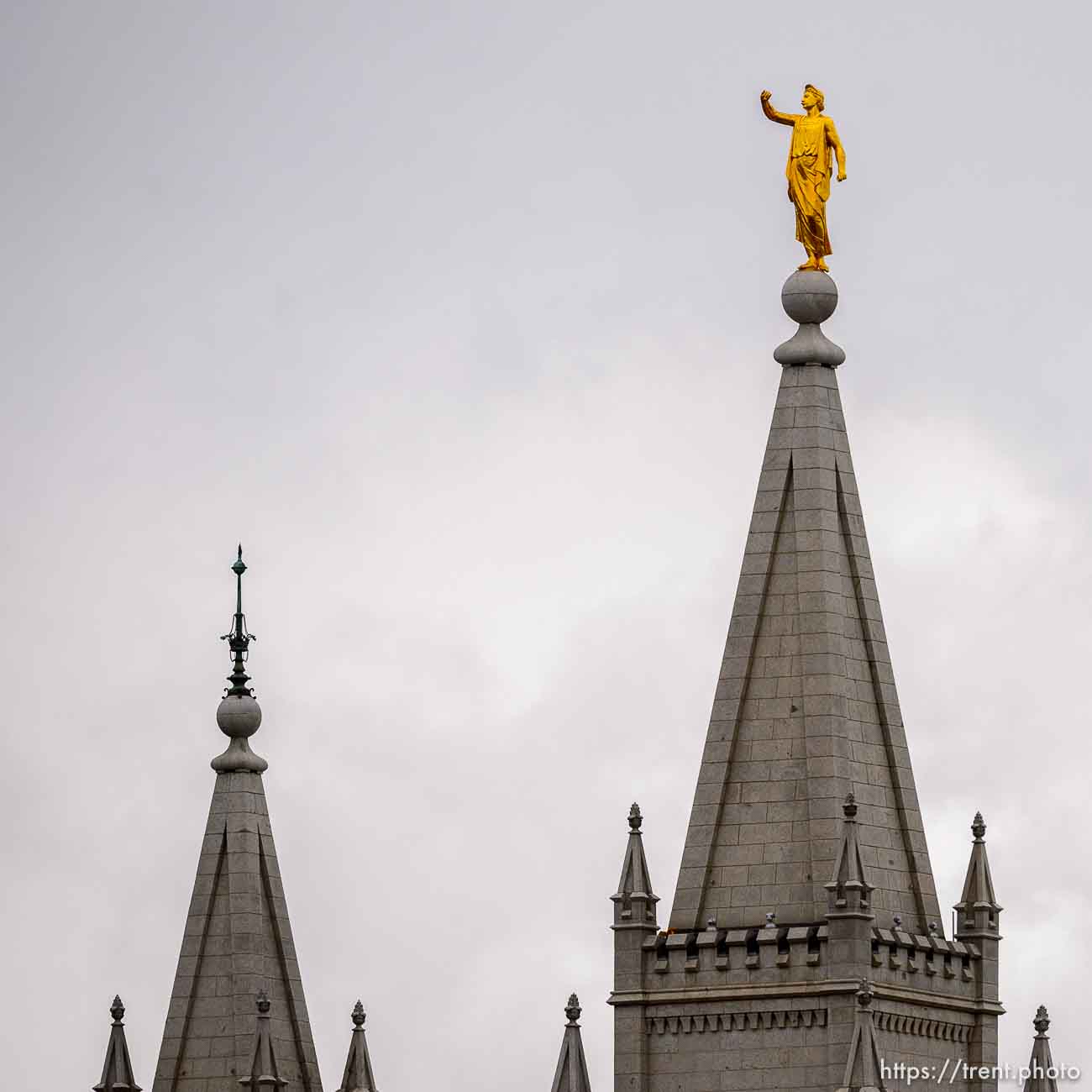 (Trent Nelson  |  The Salt Lake Tribune) The statue of Moroni atop the Salt Lake temple, damaged in an earthquake in Salt Lake City on Wednesday, March 18, 2020.