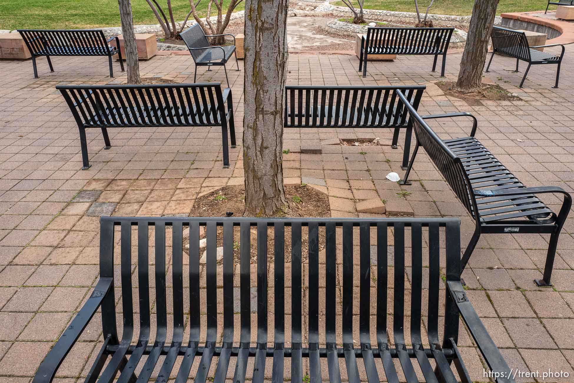 (Trent Nelson  |  The Salt Lake Tribune) Empty benches in City Creek Park as Salt Lake City appears eerily empty on Monday, March 23, 2020.