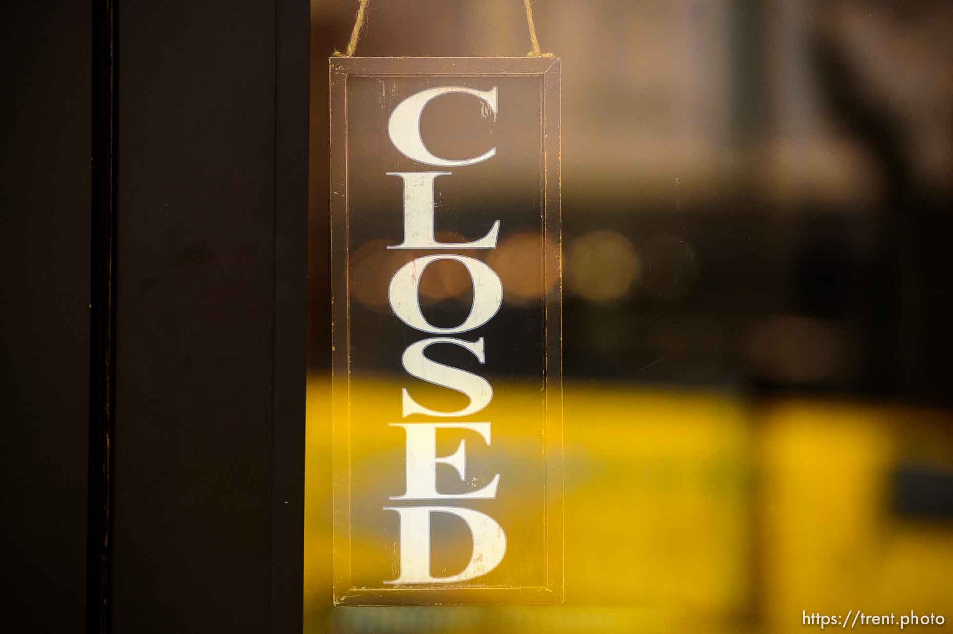 (Trent Nelson  |  The Salt Lake Tribune) A sign on a closed business between 100 South and 200 South Main Street Salt Lake City on Monday, March 23, 2020.