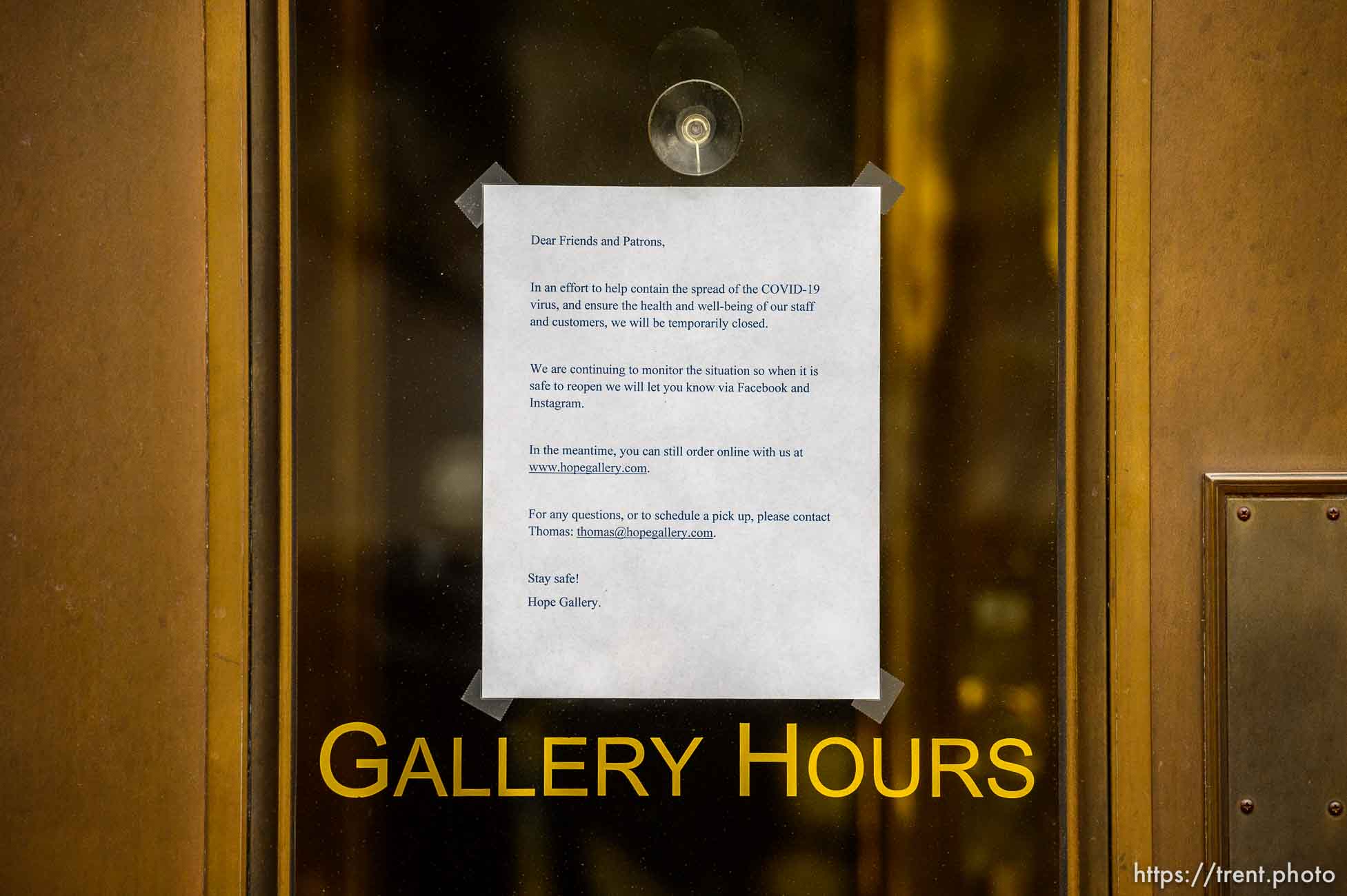 (Trent Nelson  |  The Salt Lake Tribune) A sign on a closed business between 100 South and 200 South Main Street Salt Lake City on Monday, March 23, 2020.