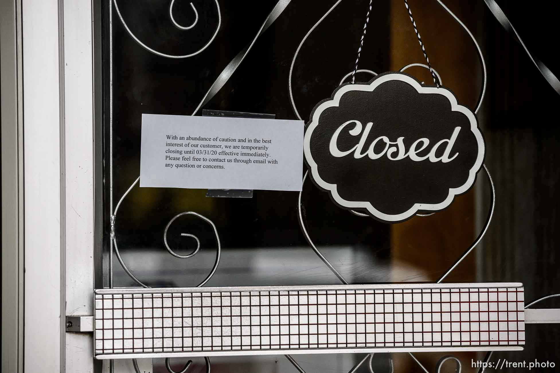 (Trent Nelson  |  The Salt Lake Tribune) A sign on a closed business between 100 South and 200 South Main Street Salt Lake City on Monday, March 23, 2020.