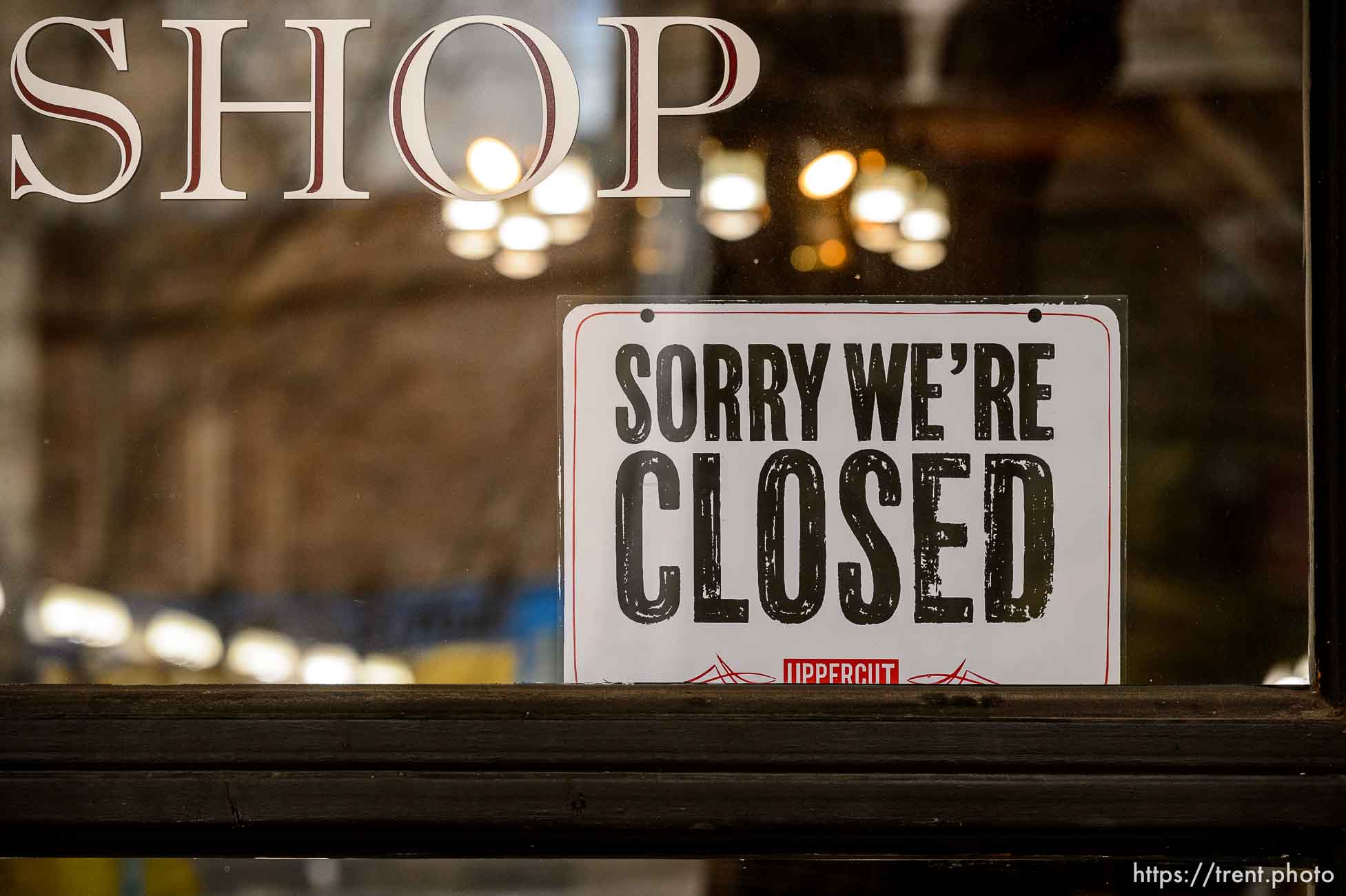 (Trent Nelson  |  The Salt Lake Tribune) A sign on a closed business between 100 South and 200 South Main Street Salt Lake City on Monday, March 23, 2020.