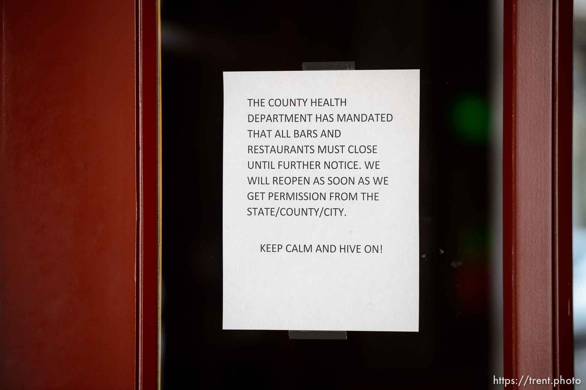 (Trent Nelson  |  The Salt Lake Tribune) A sign on a closed business between 100 South and 200 South Main Street Salt Lake City on Monday, March 23, 2020.