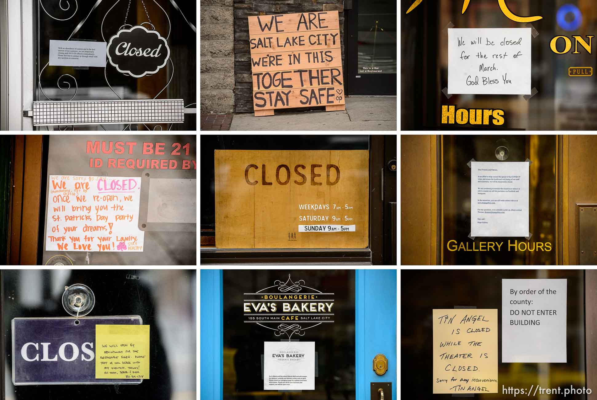 (Trent Nelson  |  The Salt Lake Tribune) A sampling of igns on closed businesses between 100 South and 200 South Main Street Salt Lake City on Monday, March 23, 2020.