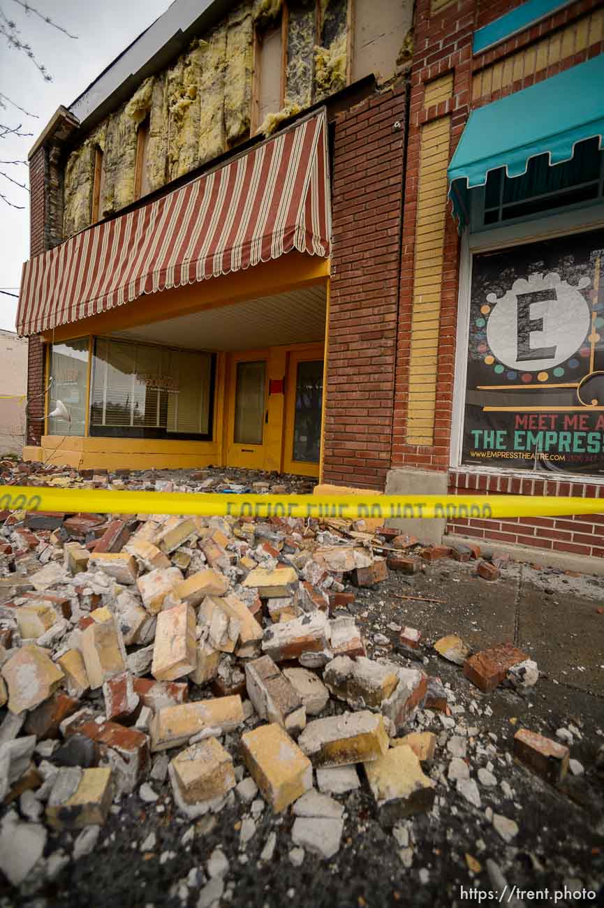 (Trent Nelson  |  The Salt Lake Tribune) Bricks that fell from the facade of Red Rooster Records in Magna after last week's earthquake, as seen on Tuesday, March 24, 2020.