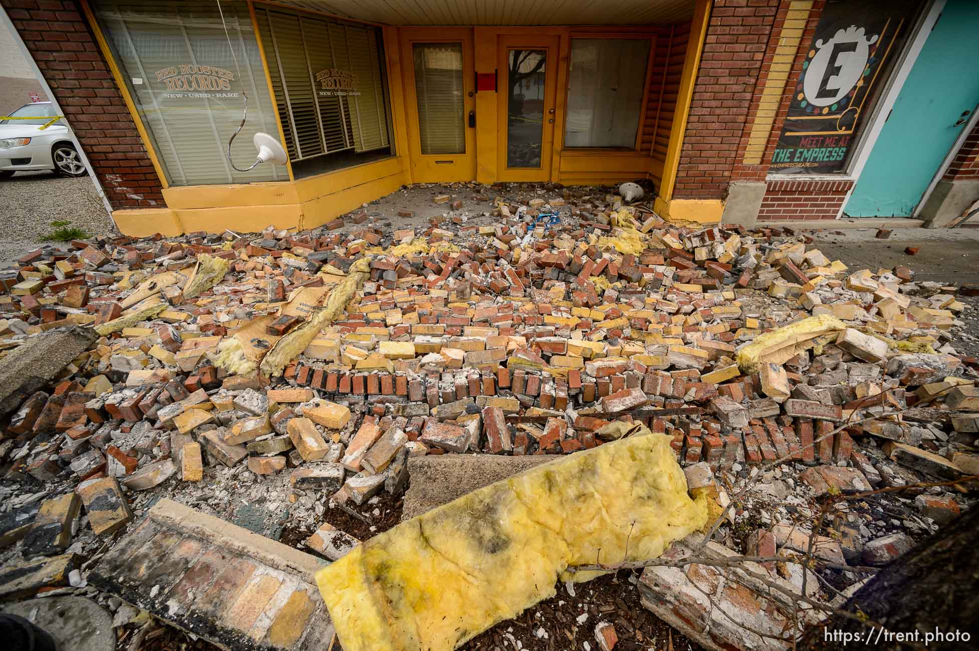 (Trent Nelson  |  The Salt Lake Tribune) Bricks that fell from the facade of Red Rooster Records in Magna after last week's earthquake, as seen on Tuesday, March 24, 2020.