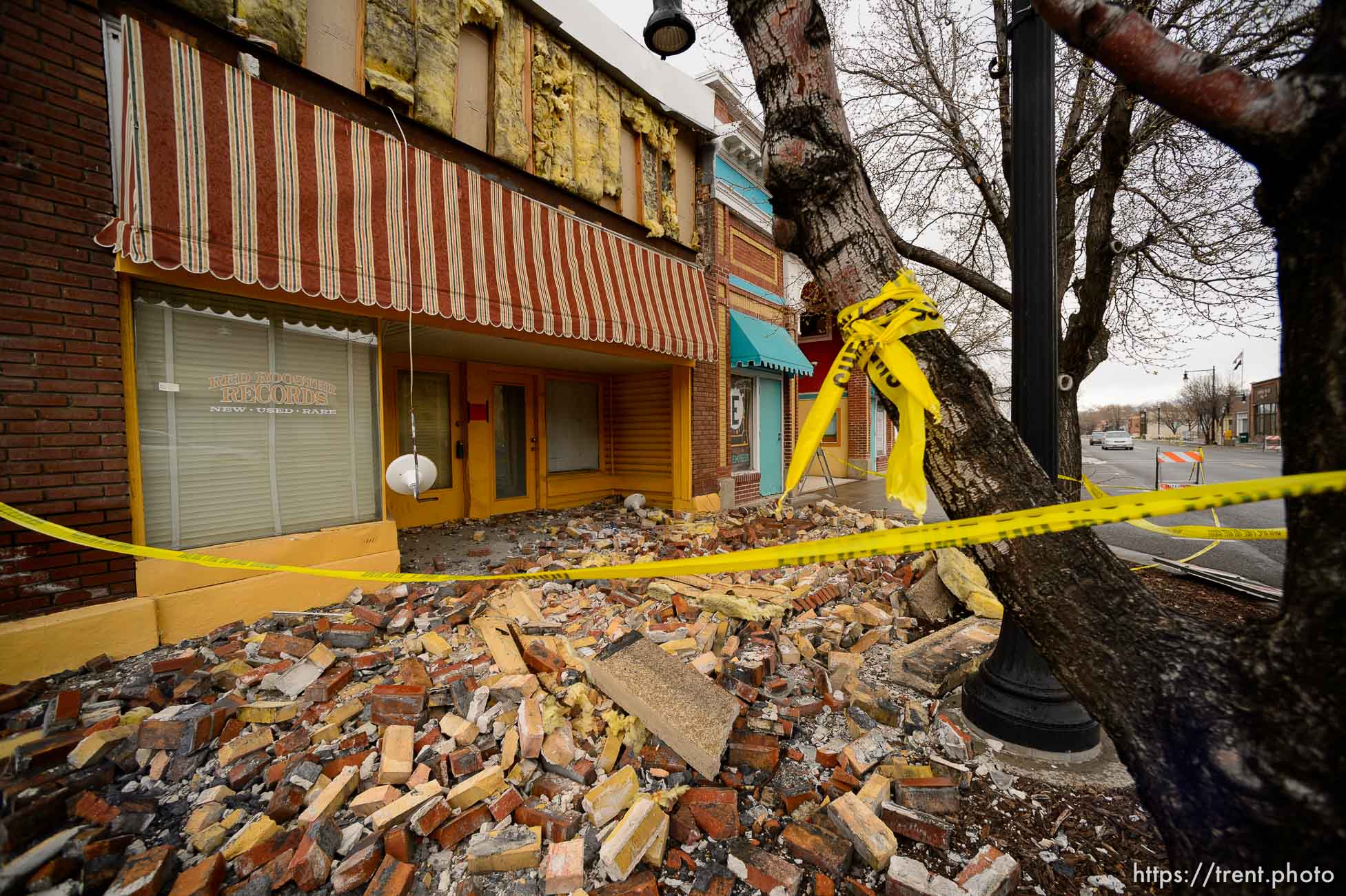 (Trent Nelson  |  The Salt Lake Tribune) Bricks that fell from the facade of Red Rooster Records in Magna after last week's earthquake, as seen on Tuesday, March 24, 2020.