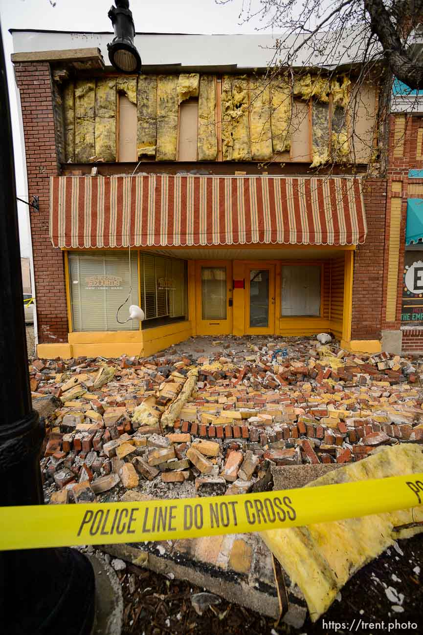 (Trent Nelson  |  The Salt Lake Tribune) Bricks that fell from the facade of Red Rooster Records in Magna after last week's earthquake, as seen on Tuesday, March 24, 2020.