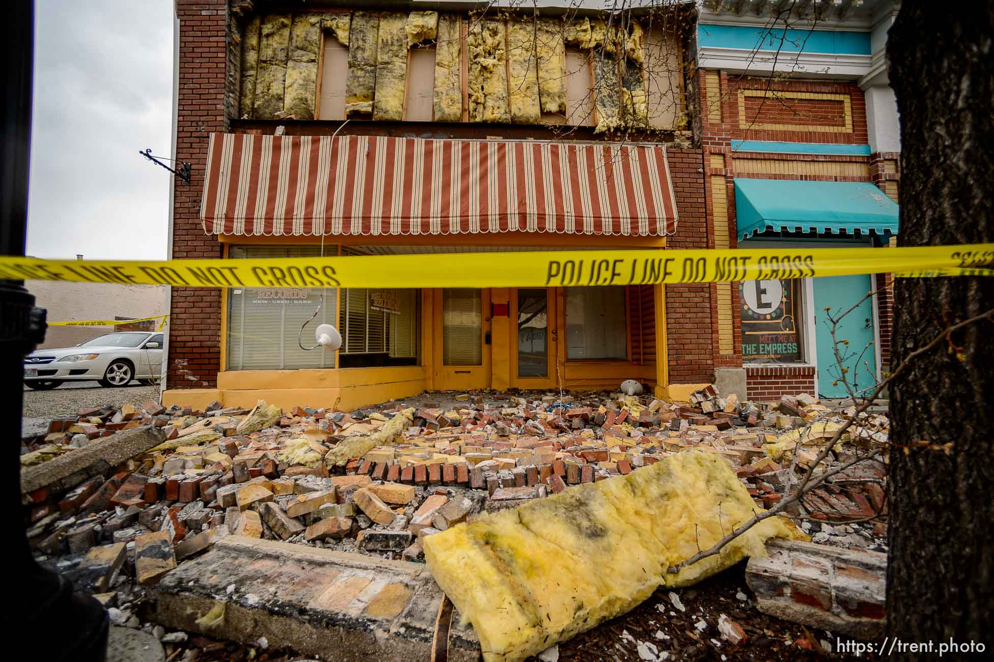 (Trent Nelson  |  The Salt Lake Tribune) Bricks that fell from the facade of Red Rooster Records in Magna after last week's earthquake, as seen on Tuesday, March 24, 2020.