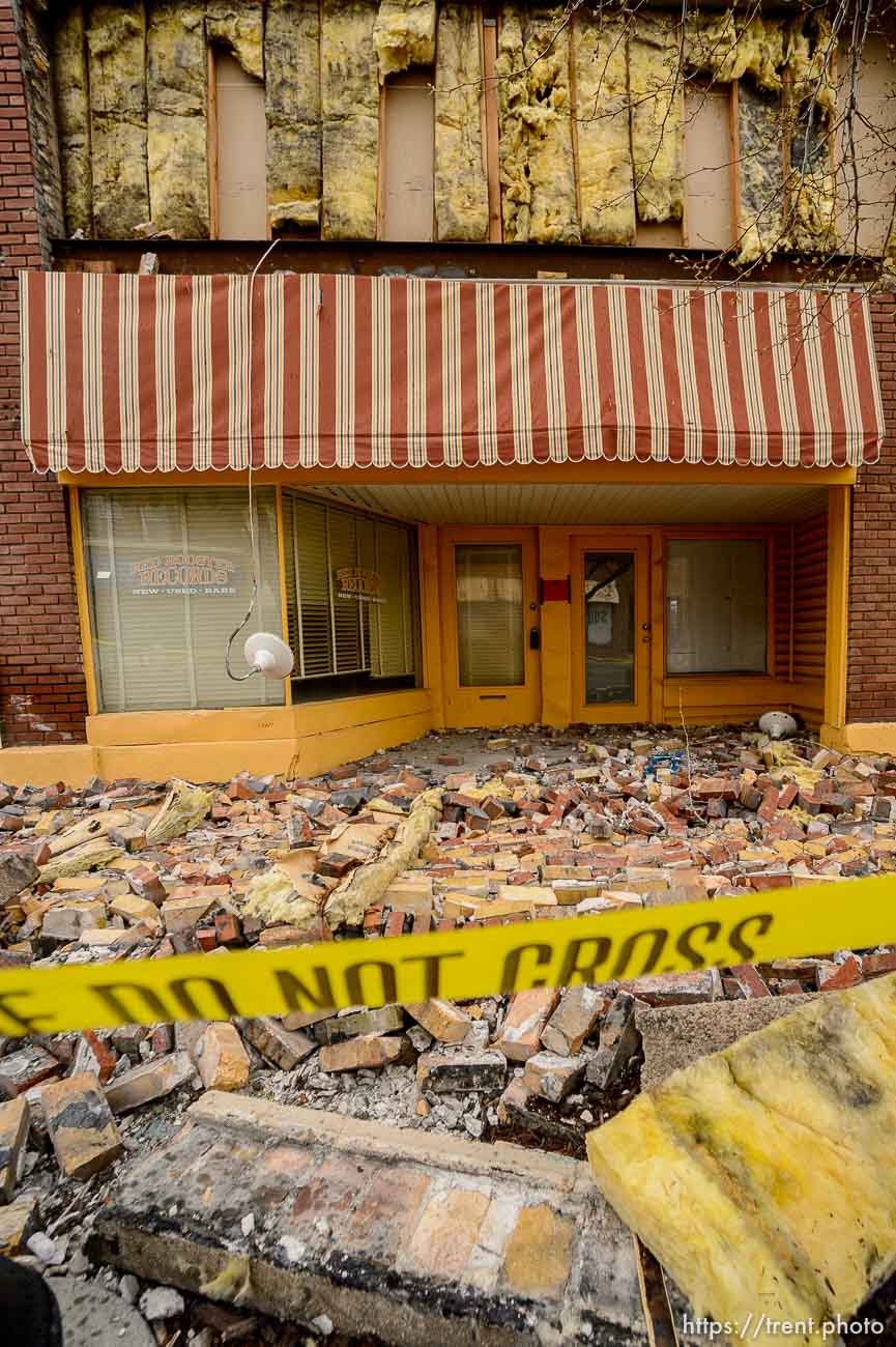 (Trent Nelson  |  The Salt Lake Tribune) Bricks that fell from the facade of Red Rooster Records in Magna after last week's earthquake, as seen on Tuesday, March 24, 2020.