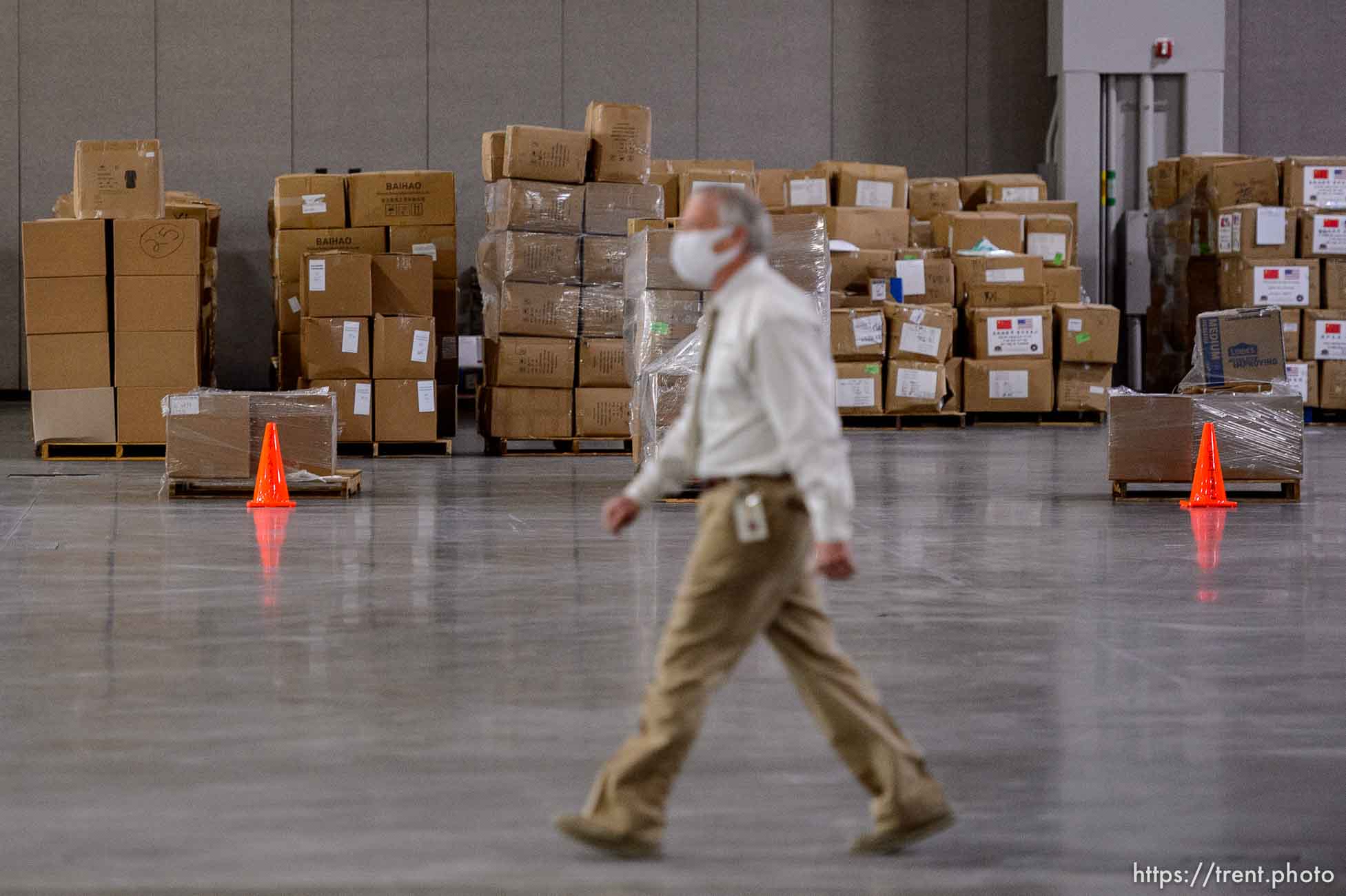 (Trent Nelson  |  The Salt Lake Tribune) Workers organize supplies at the Receiving, Staging and Shipping Center at the Salt Palace Convention Center in Salt Lake City on Friday, May 8, 2020. The center serves as a central location for personal protective equipment received by the State of Utah and sent to hospitals, local health departments and emergency managers.