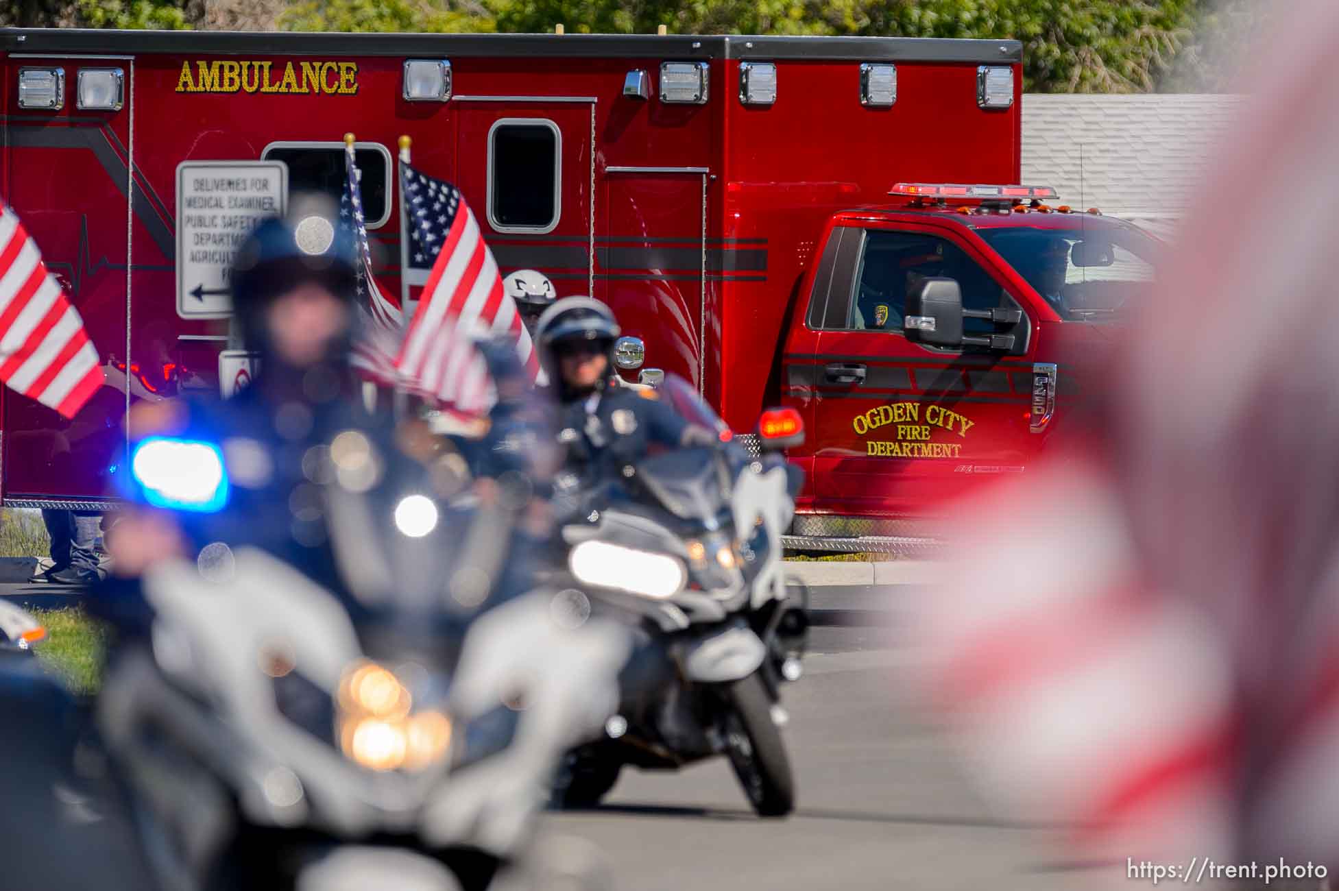 (Trent Nelson  |  The Salt Lake Tribune) Law enforcement and first responders form a procession for fallen Ogden police officer Nate Lyday, in West Valley City on Friday, May 29, 2020.