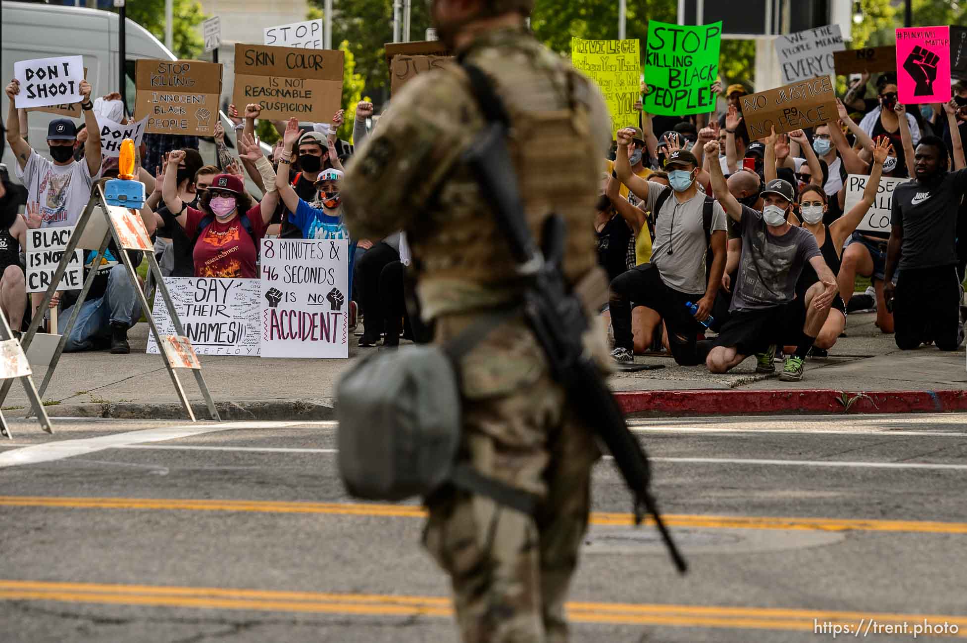 (Trent Nelson  |  The Salt Lake Tribune) Protesters march around City Hall in Salt Lake City on Tuesday, June 2, 2020.