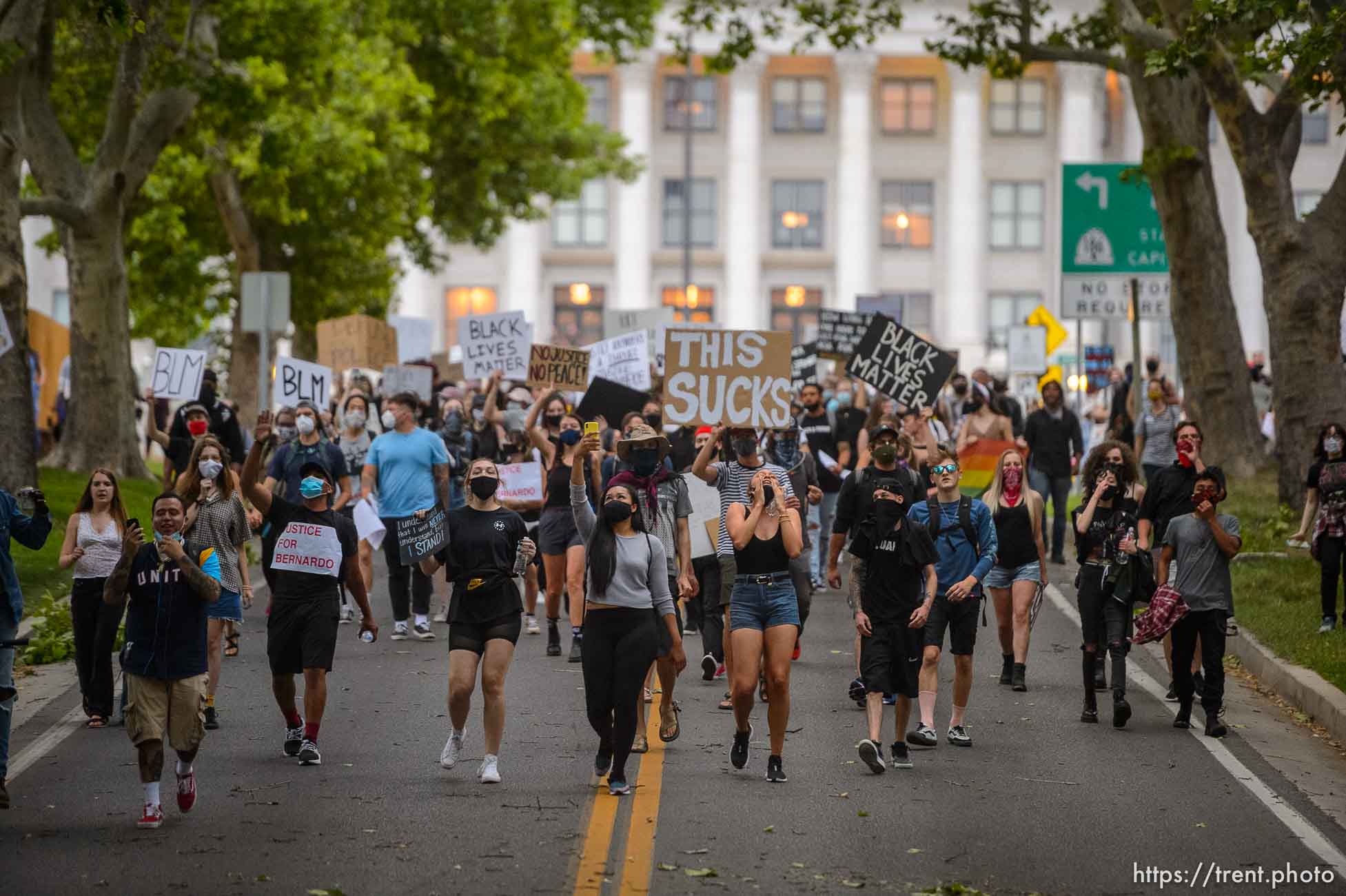 (Trent Nelson  |  The Salt Lake Tribune) Protesters march against police brutality rally down State Street in Salt Lake City on Friday, June 5, 2020.